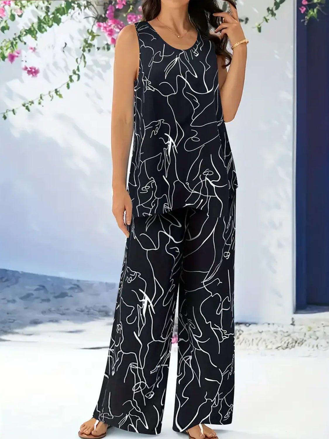 Abstract Print Round Neck Tank and Pants Set - Flip Flop Dynasty