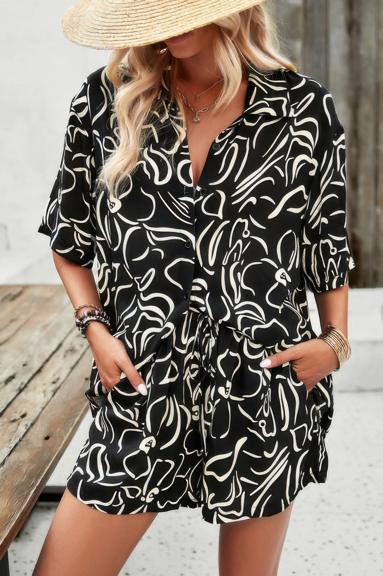 Allover Print Elastic Shorts Two Pieces Button Set - Flip Flop Dynasty