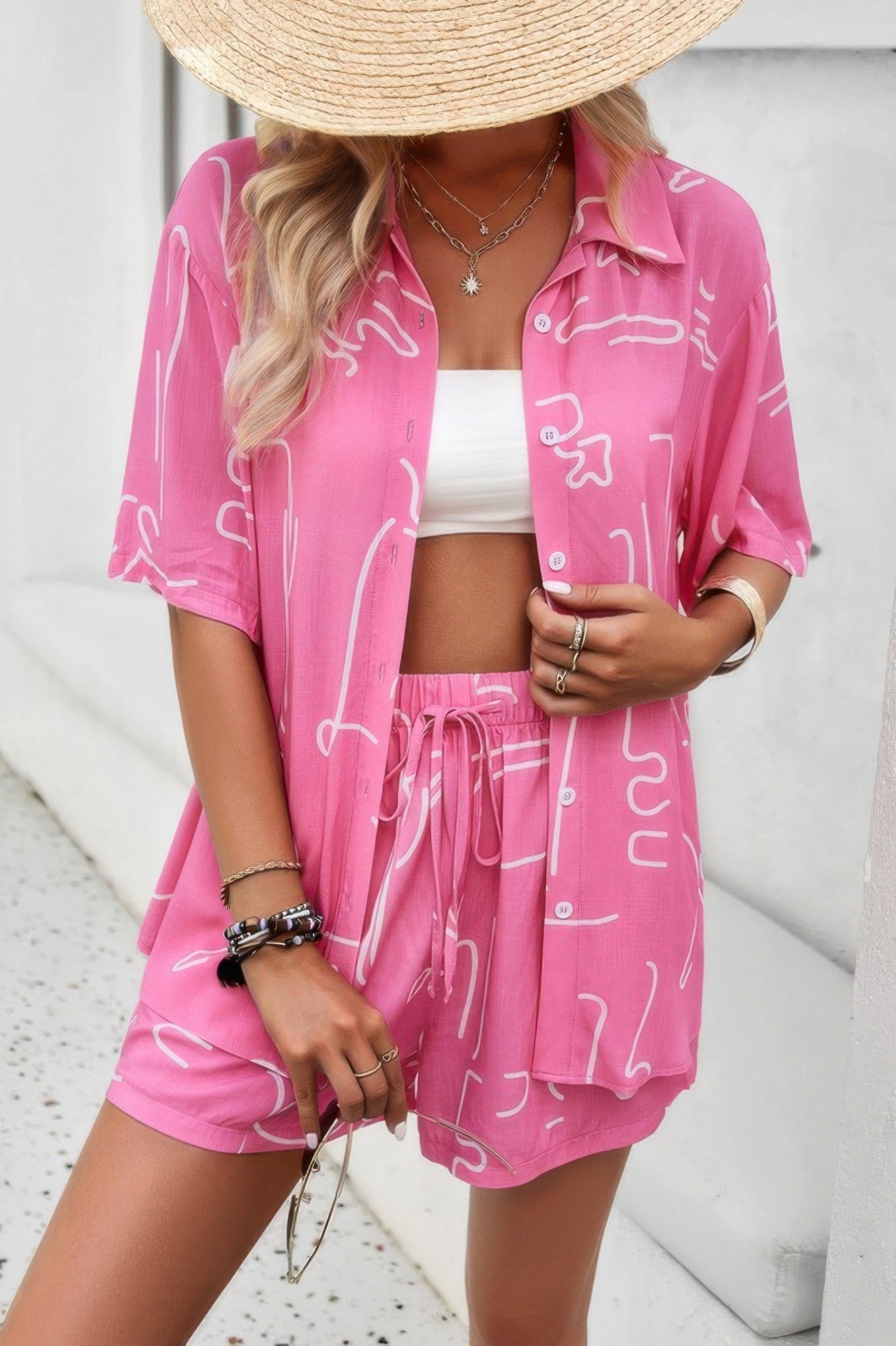 Allover Print Elastic Shorts Two Pieces Button Set - Flip Flop Dynasty