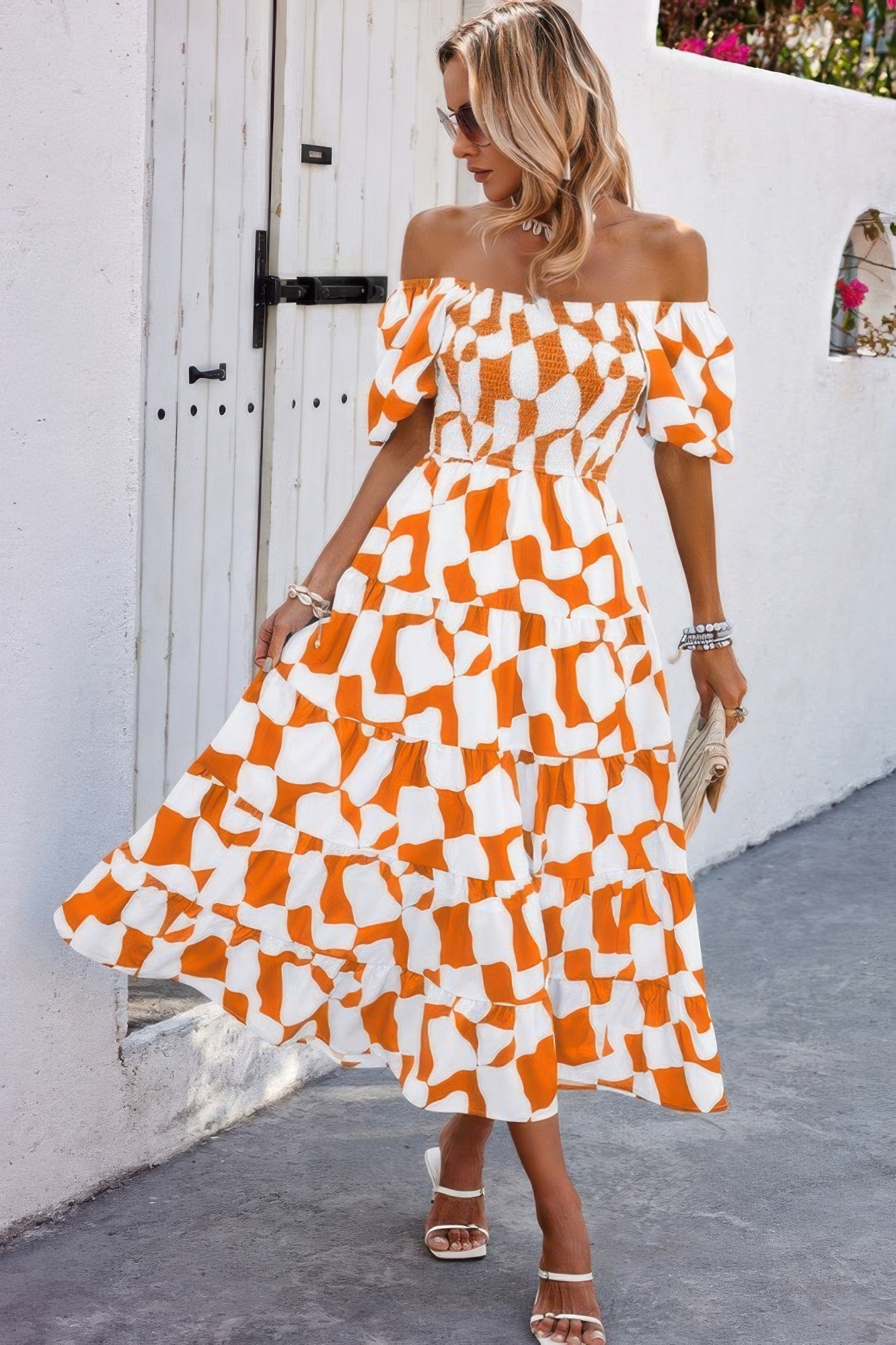 Allover Print Off Shoulder Ruched Ruffle Dress - Flip Flop Dynasty