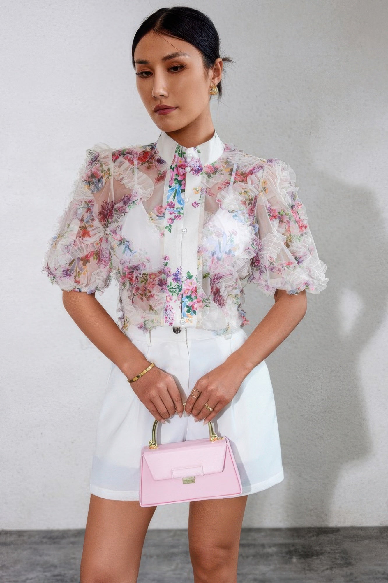 Allover Print See Through Collar Puff Sleeve Shirt - Flip Flop Dynasty