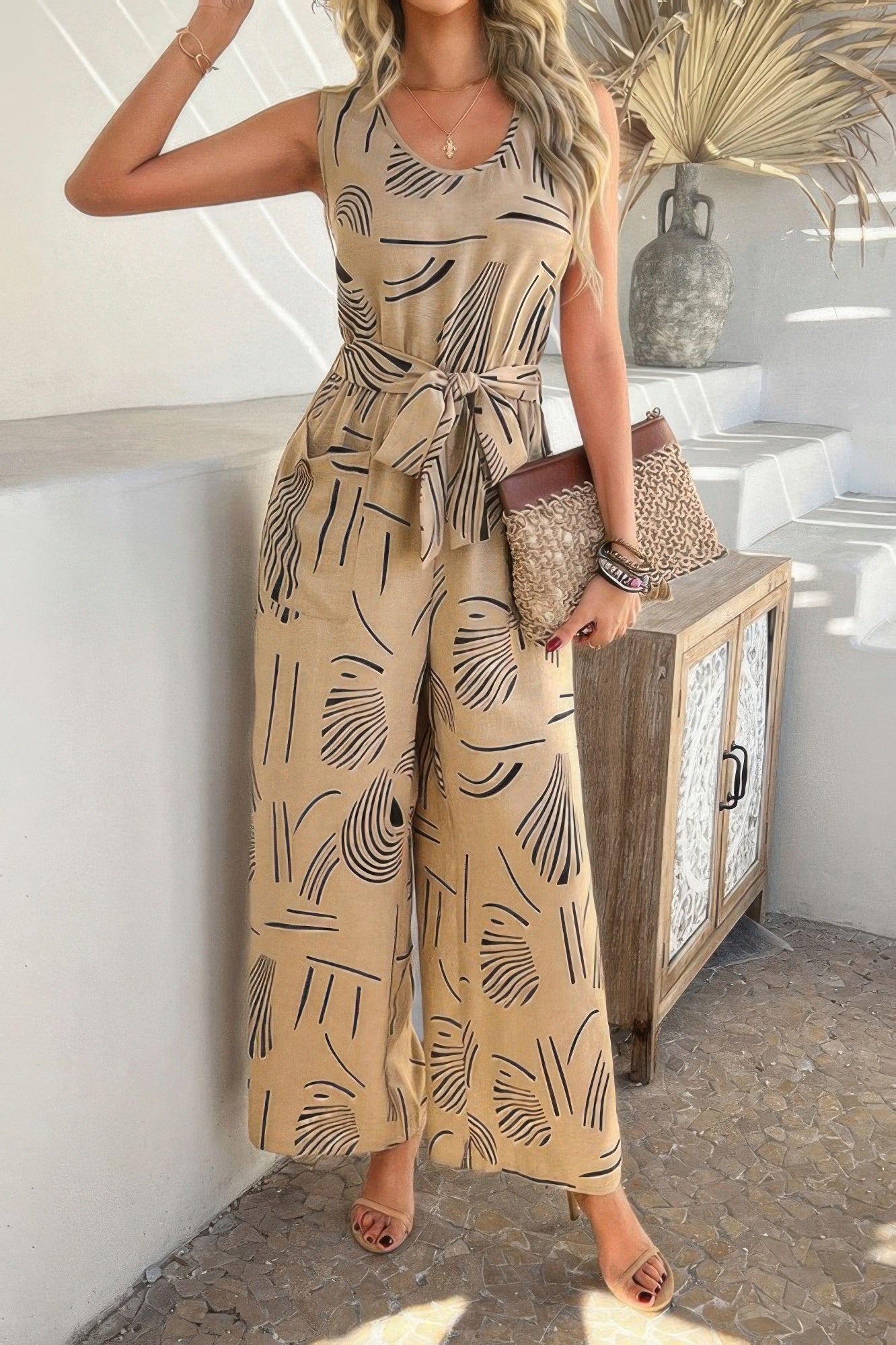 Allover Print Sleeveless Wide Leg Tie Waist Jumpsuit - Flip Flop Dynasty
