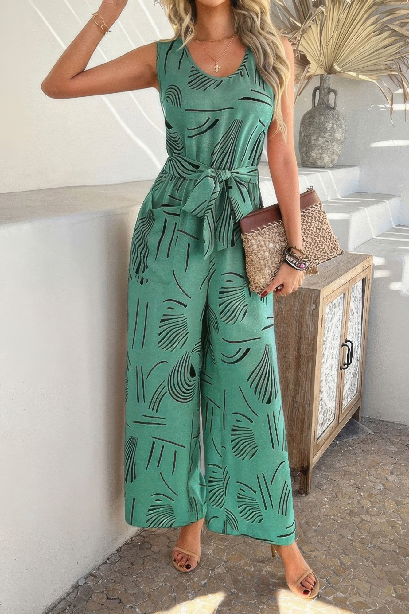 Allover Print Sleeveless Wide Leg Tie Waist Jumpsuit - Flip Flop Dynasty