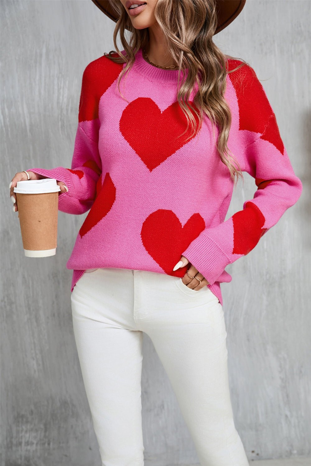 Angel Wings Contrast Heart Dropped Shoulder Long Sleeve Sweater - Flip Flop Dynasty