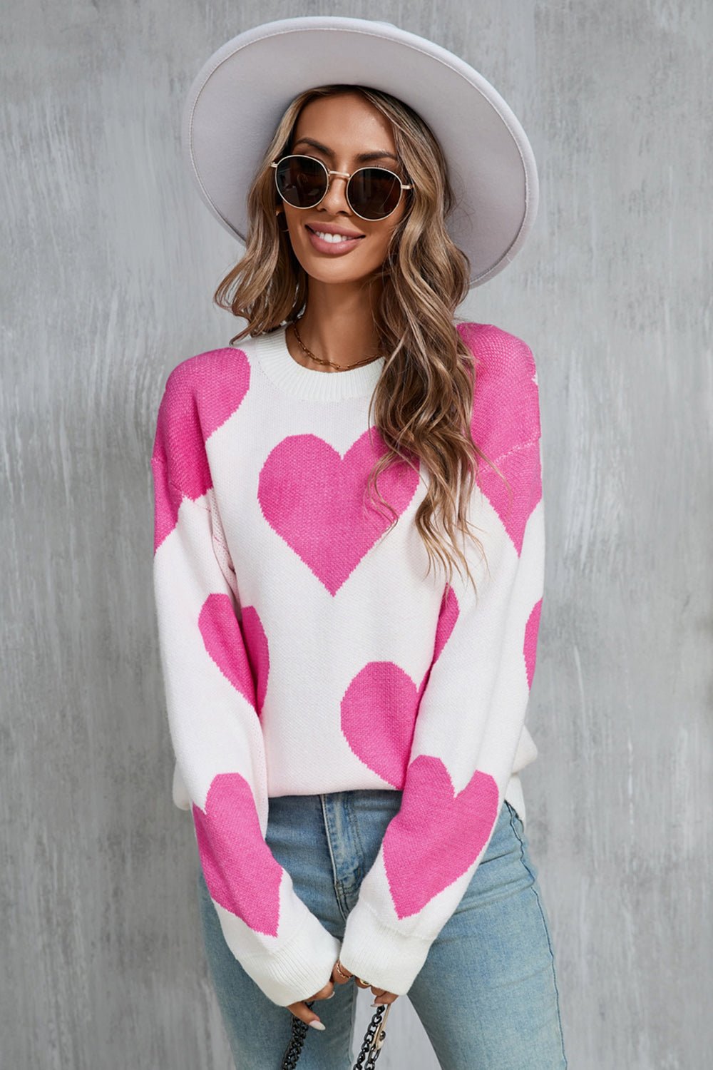 Angel Wings Contrast Heart Dropped Shoulder Long Sleeve Sweater - Flip Flop Dynasty