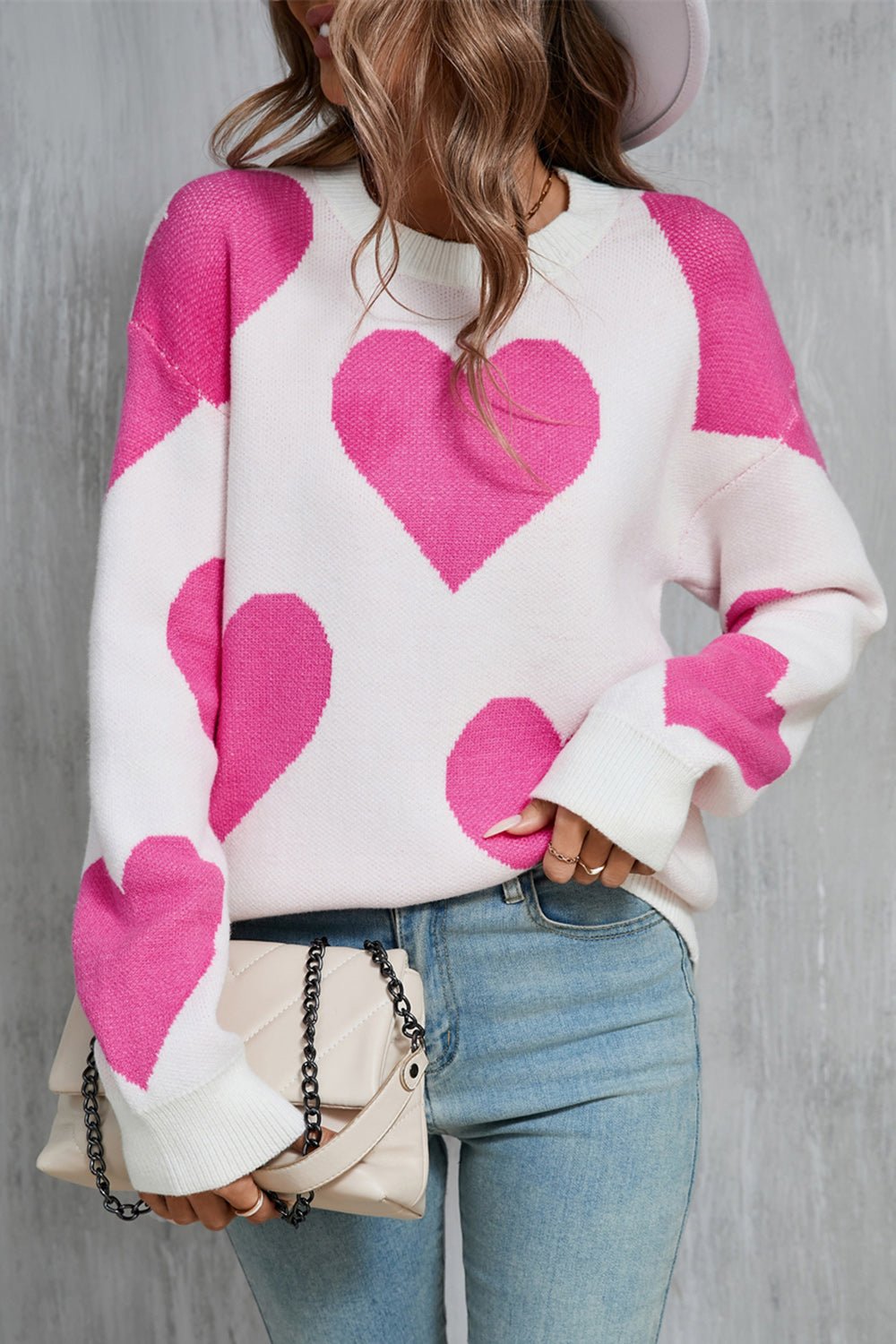 Angel Wings Contrast Heart Dropped Shoulder Long Sleeve Sweater - Flip Flop Dynasty