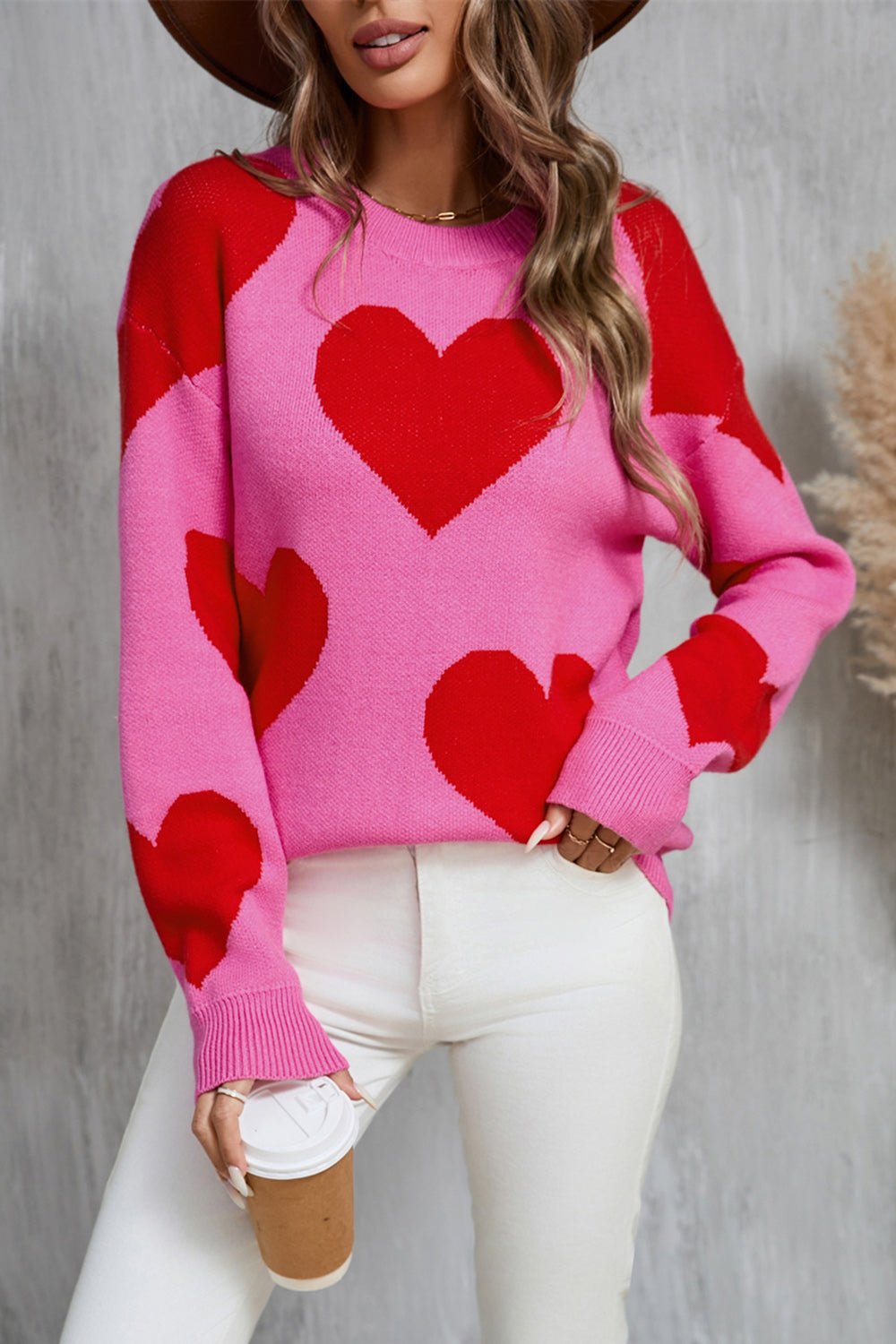 Angel Wings Contrast Heart Dropped Shoulder Long Sleeve Sweater - Flip Flop Dynasty