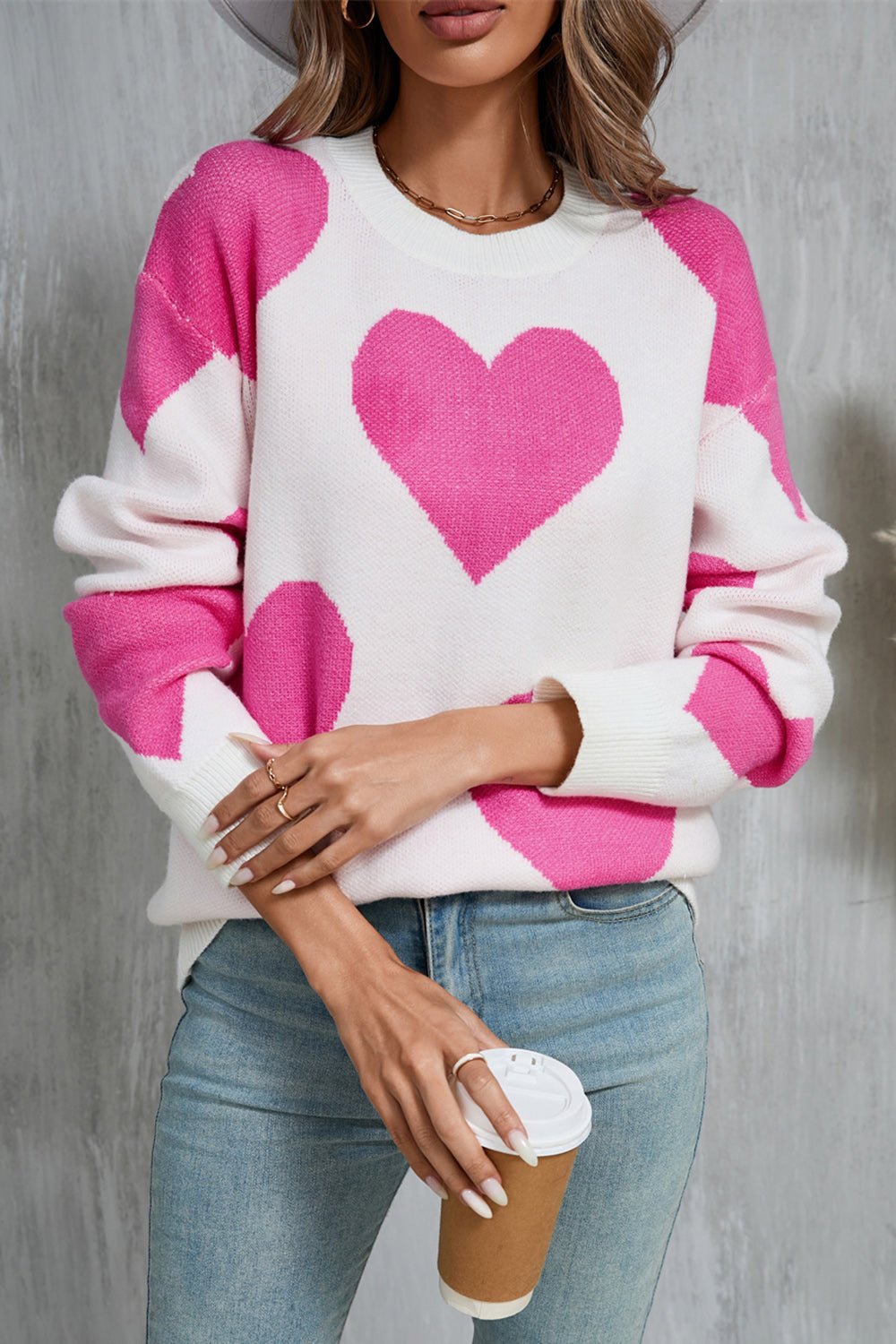 Angel Wings Contrast Heart Dropped Shoulder Long Sleeve Sweater - Flip Flop Dynasty
