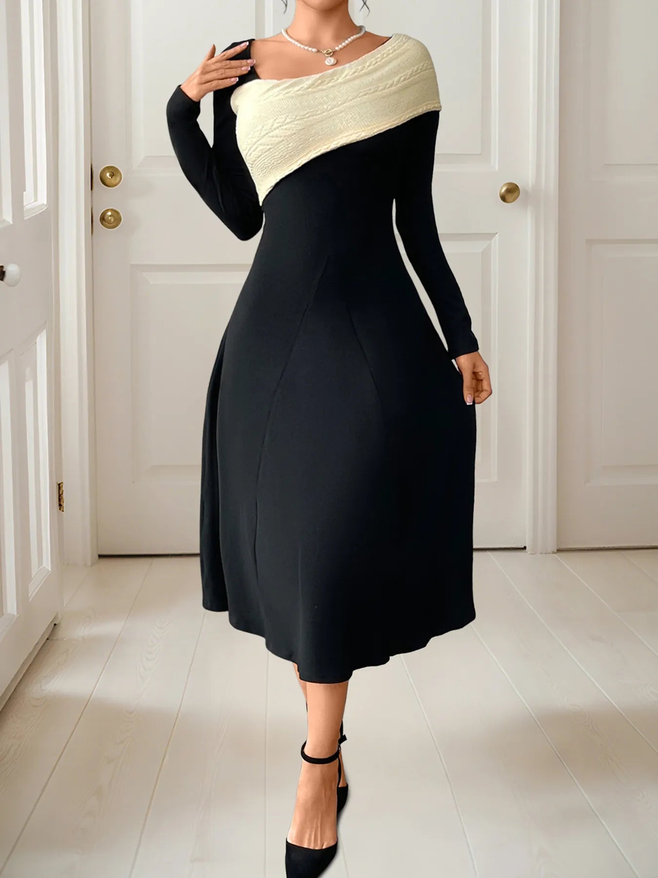 Asymmetrical Contrast Long Sleeve Dress - Flip Flop Dynasty