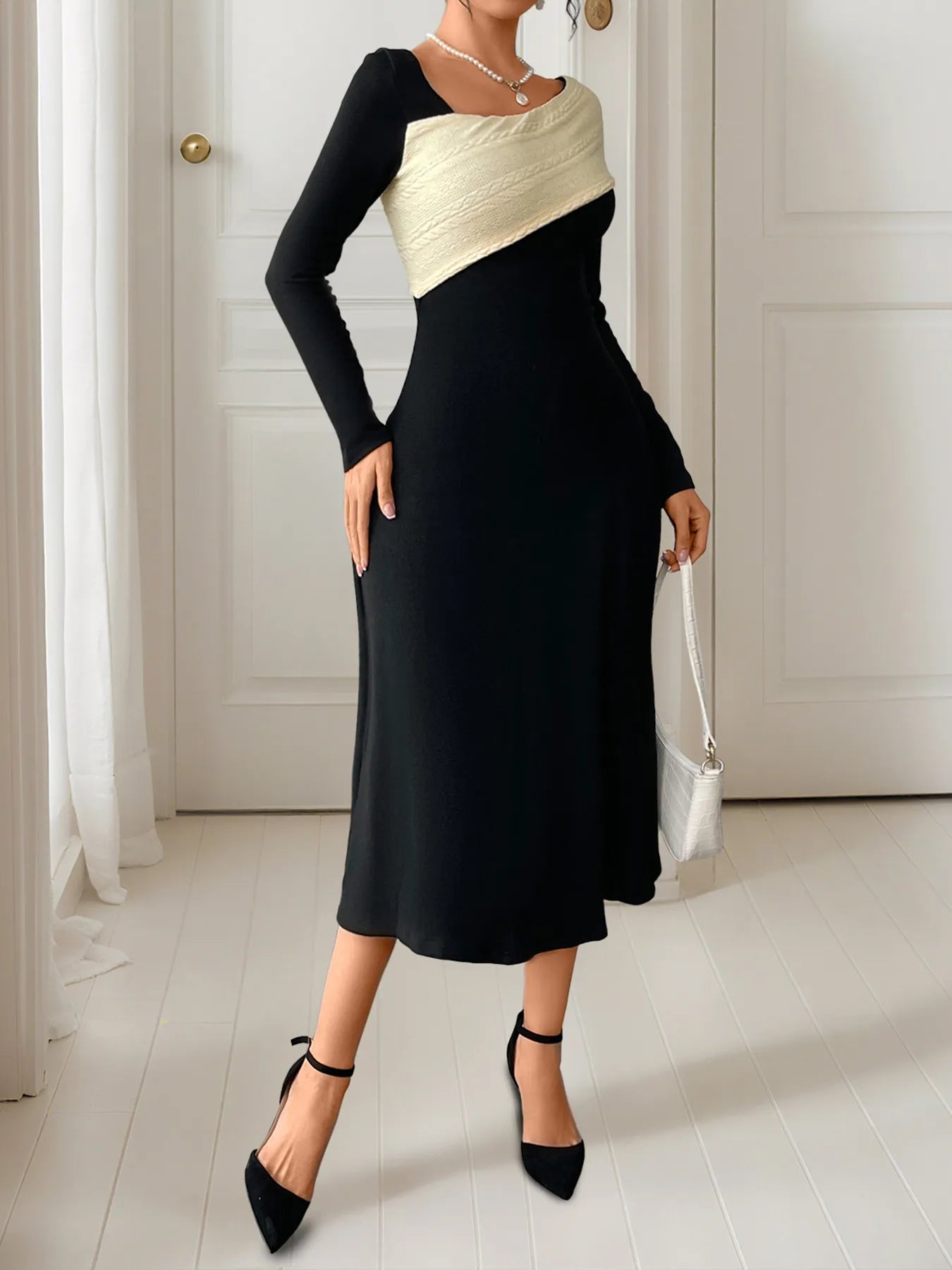 Asymmetrical Contrast Long Sleeve Dress - Flip Flop Dynasty