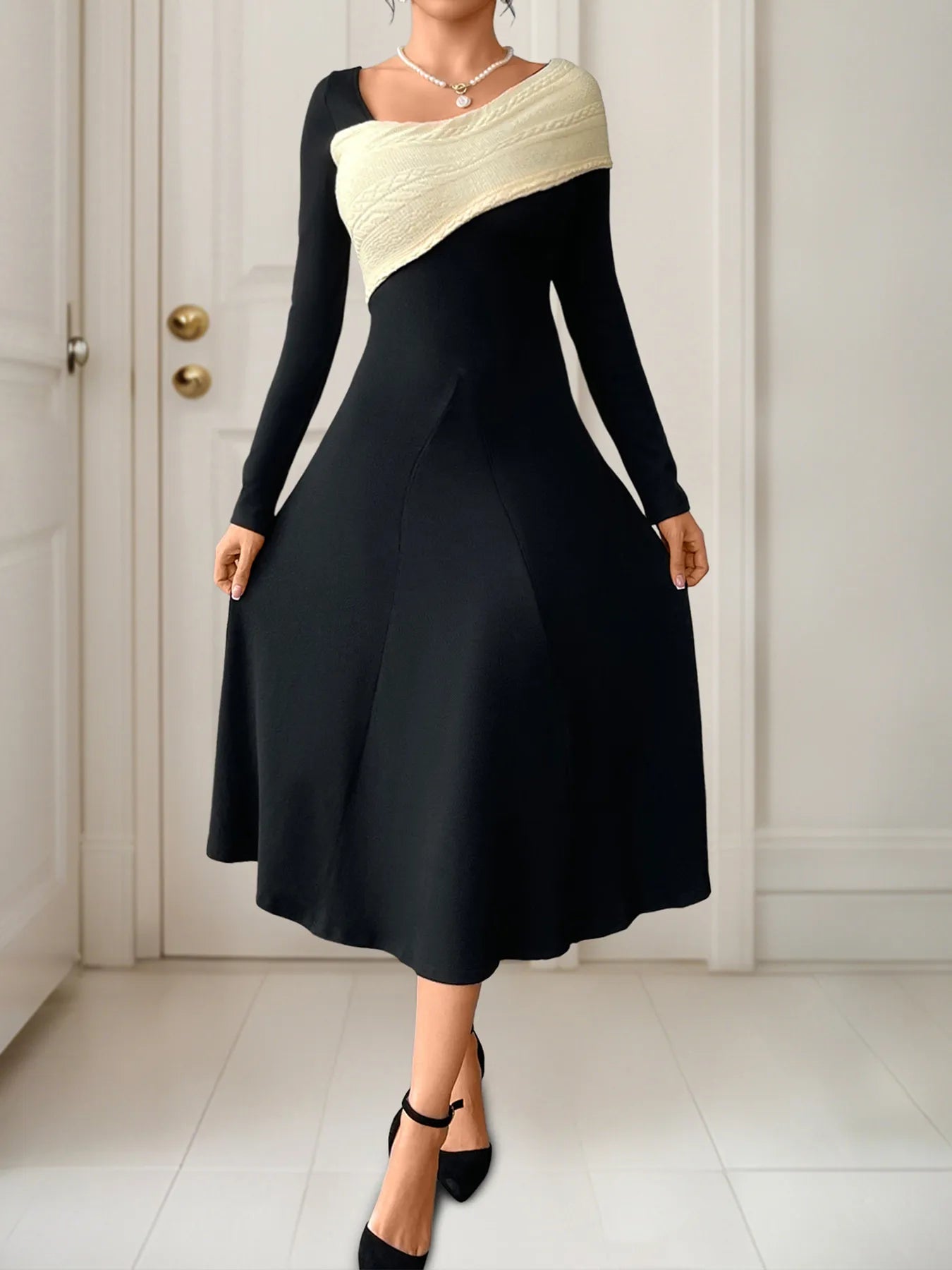 Asymmetrical Contrast Long Sleeve Dress - Flip Flop Dynasty
