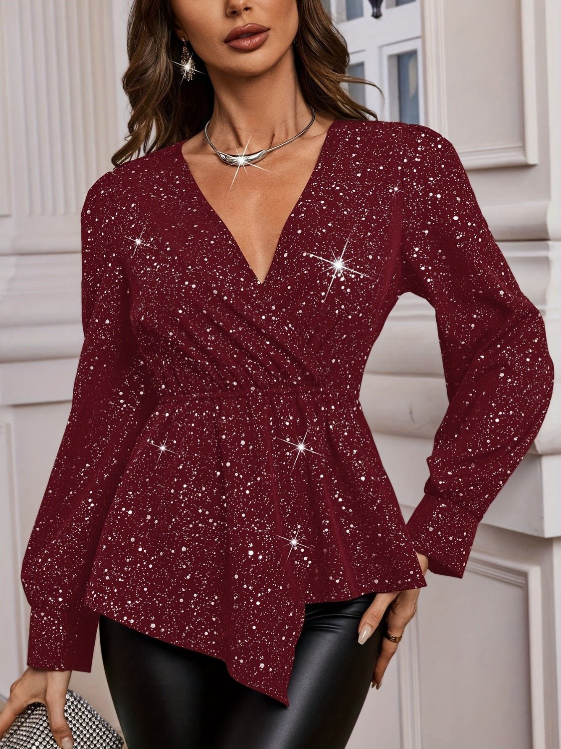 Asymmetrical Hem Surplice Long Sleeve Blouse - Flip Flop Dynasty