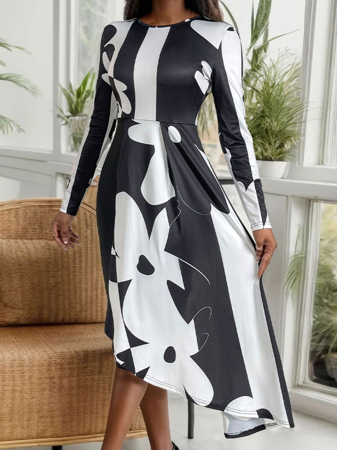 Asymmetrical Slit Round Neck Long Sleeve Midi Dress - Flip Flop Dynasty