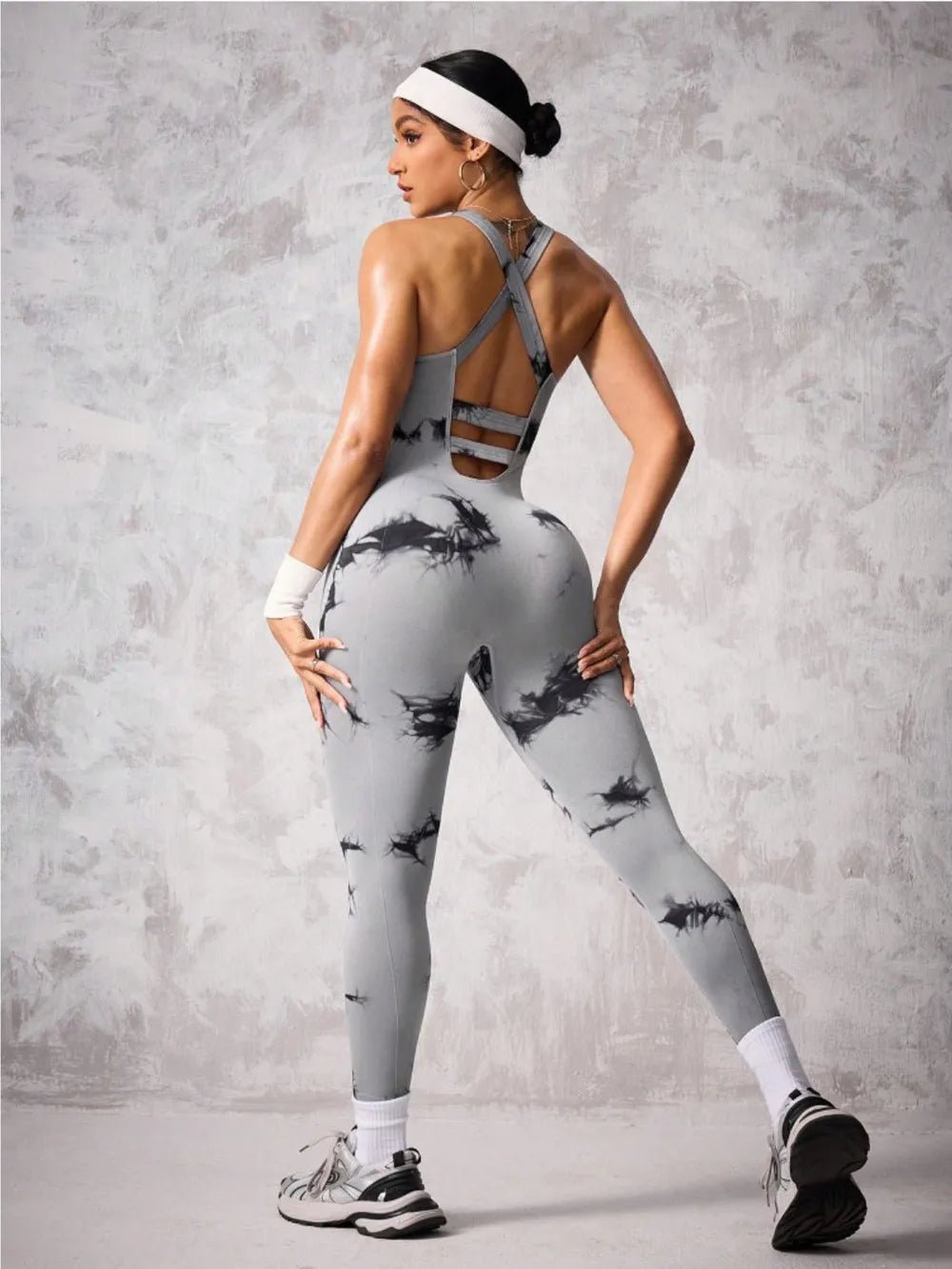 Back Crisscross Tie - Dye Scoop Neck Active Jumpsuit - Flip Flop Dynasty