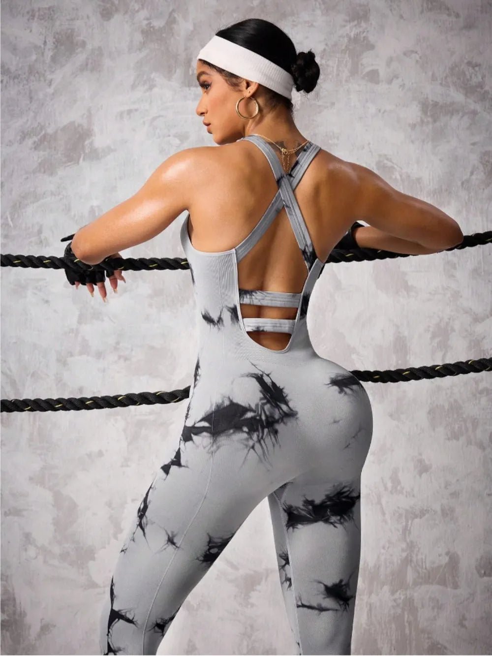 Back Crisscross Tie - Dye Scoop Neck Active Jumpsuit - Flip Flop Dynasty
