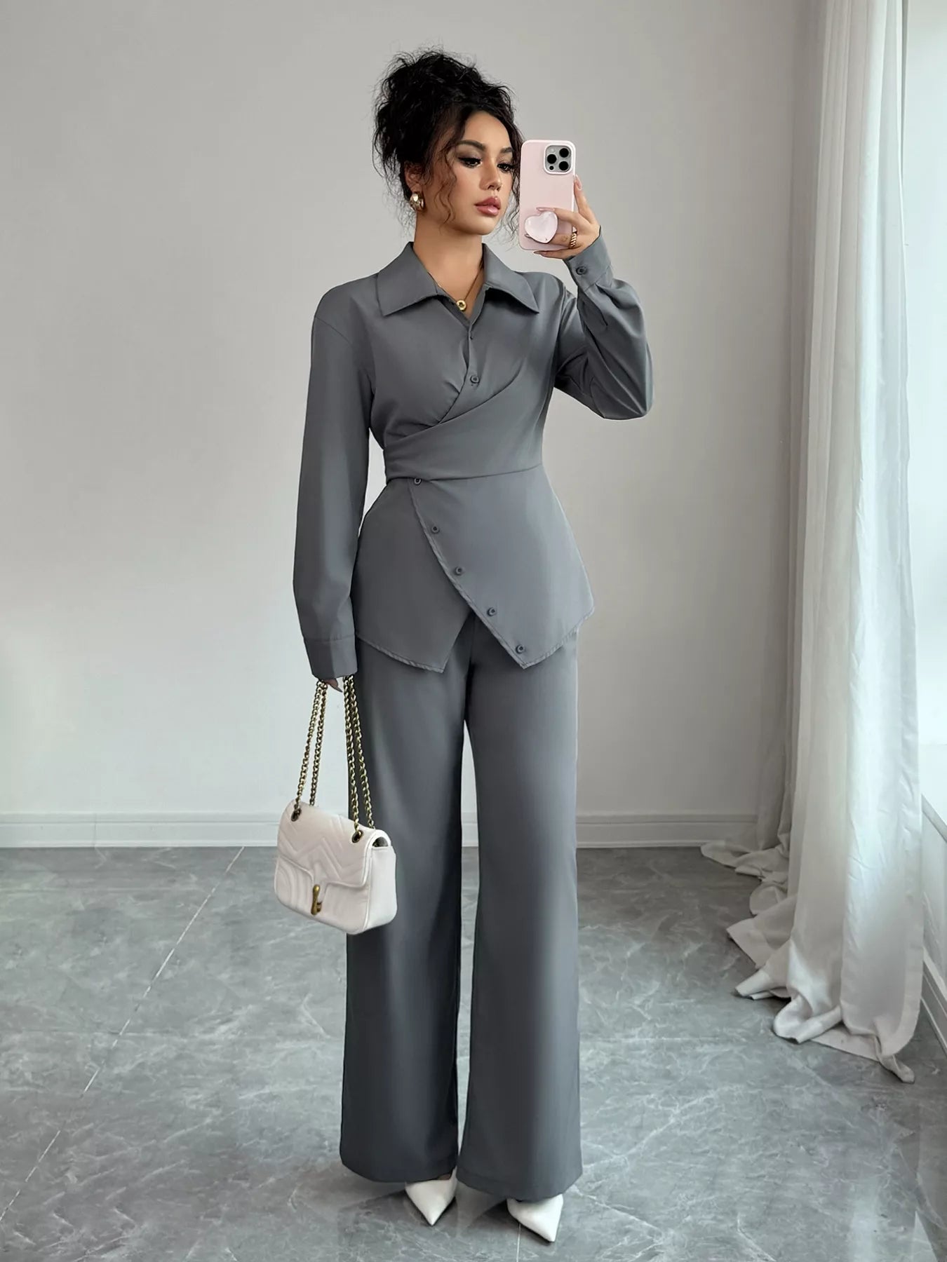 Back Tie Wrap Blazer and Wide Leg Pants Set - Flip Flop Dynasty