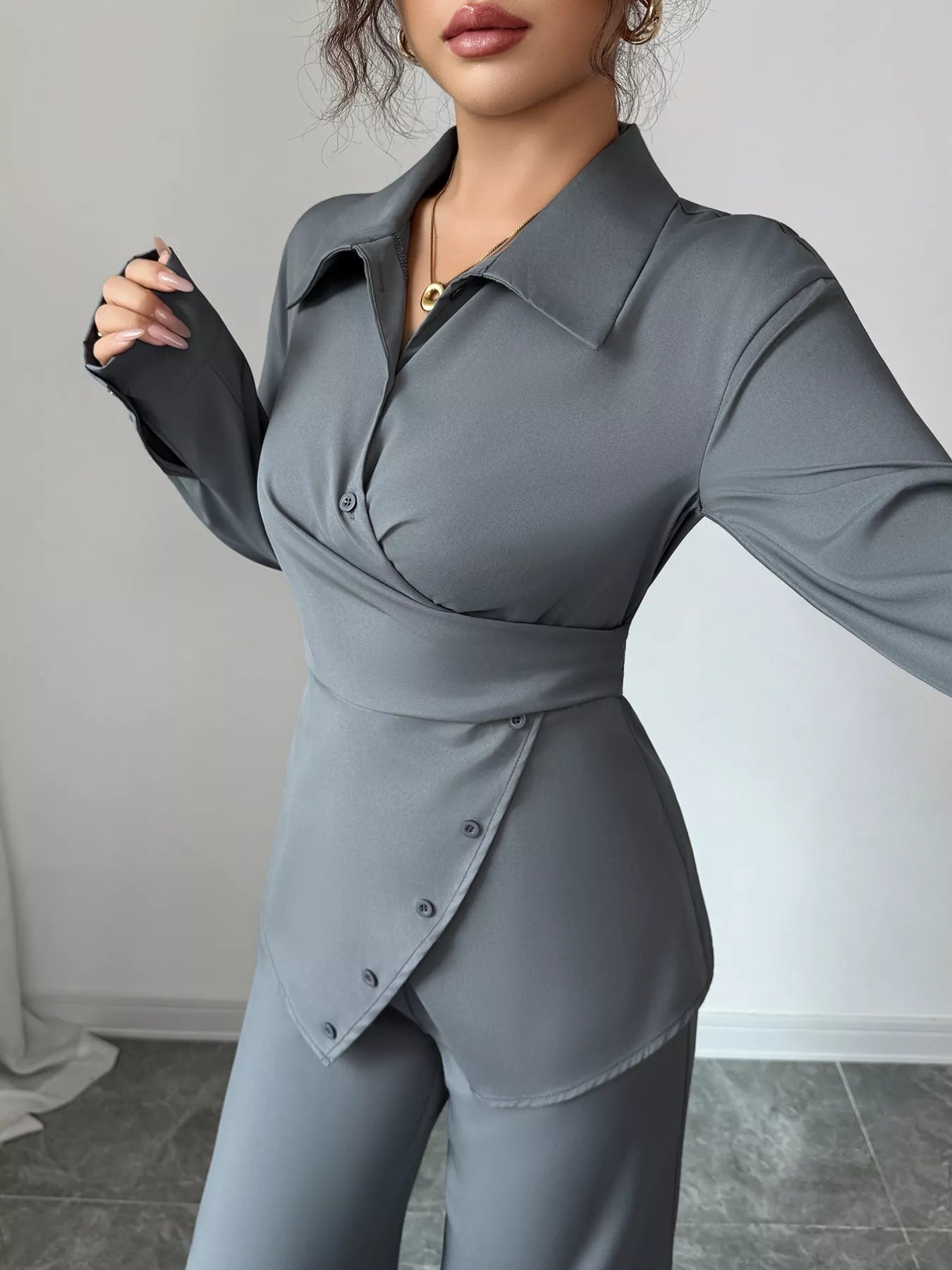 Back Tie Wrap Blazer and Wide Leg Pants Set - Flip Flop Dynasty