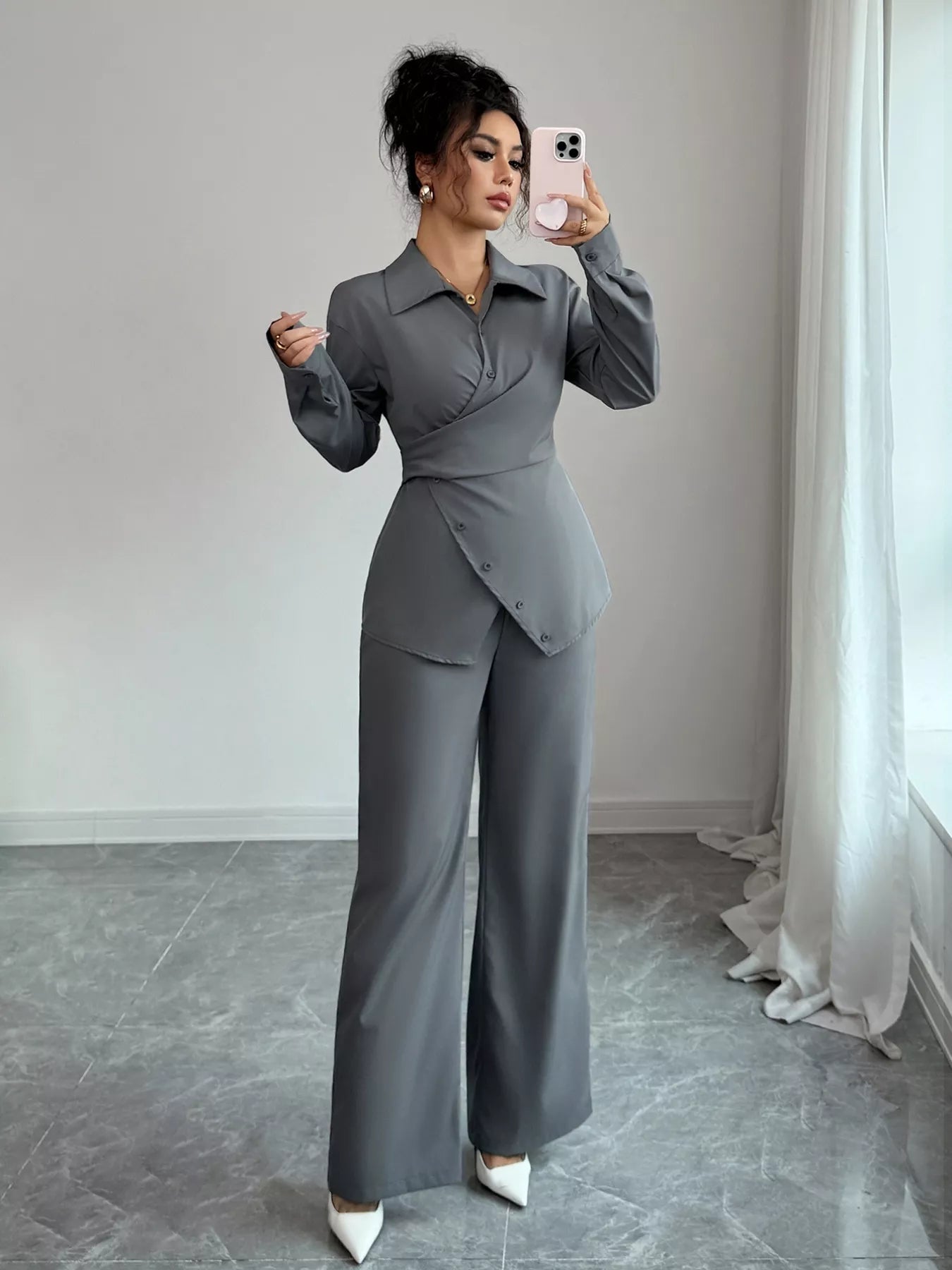 Back Tie Wrap Blazer and Wide Leg Pants Set - Flip Flop Dynasty