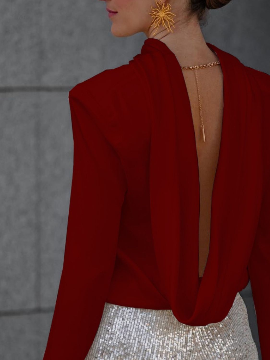 Backless Cowl Neck Long Sleeve Blouse - Flip Flop Dynasty