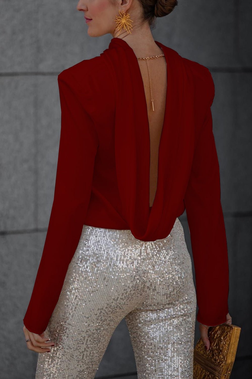 Backless Cowl Neck Long Sleeve Blouse - Flip Flop Dynasty