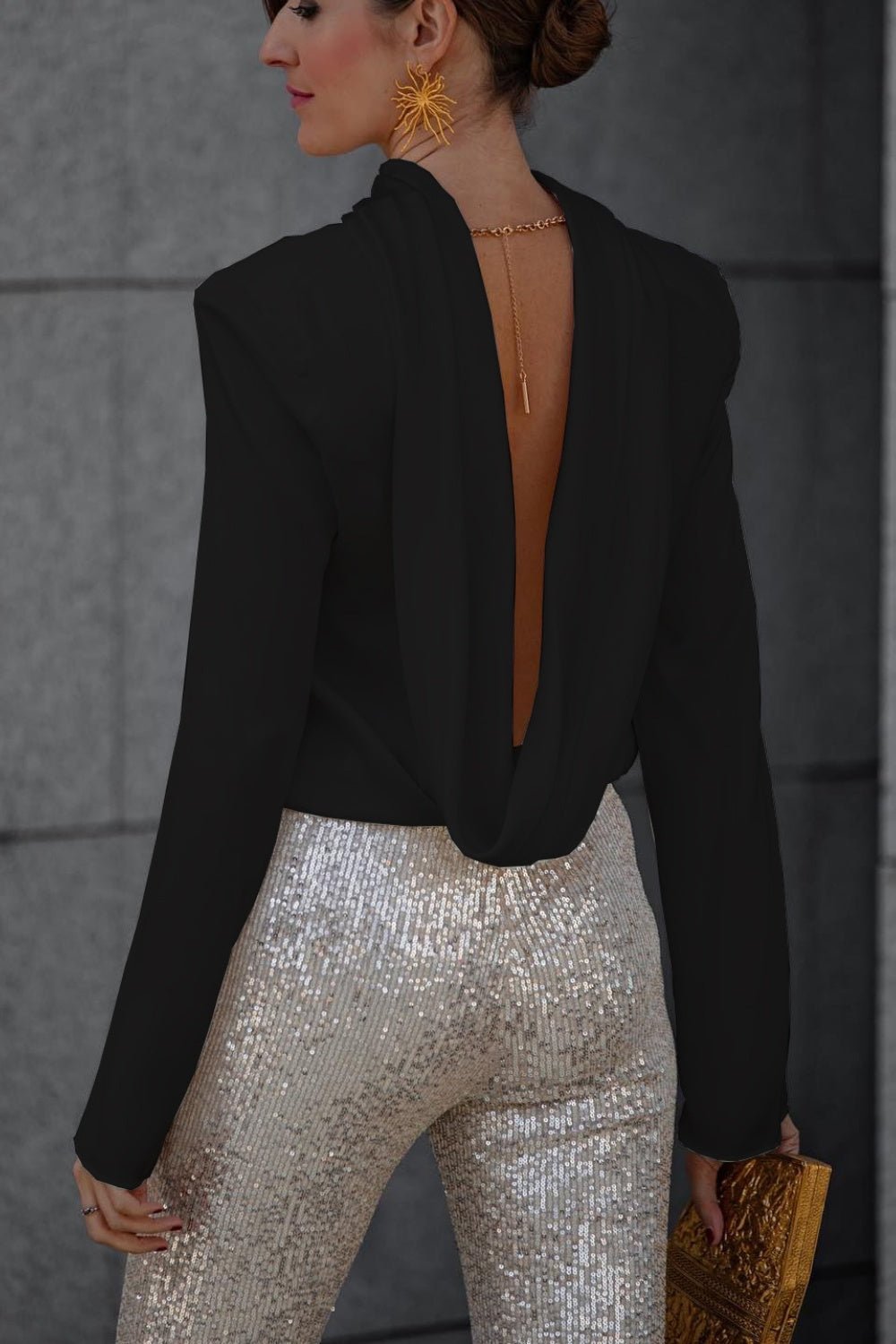 Backless Cowl Neck Long Sleeve Blouse - Flip Flop Dynasty