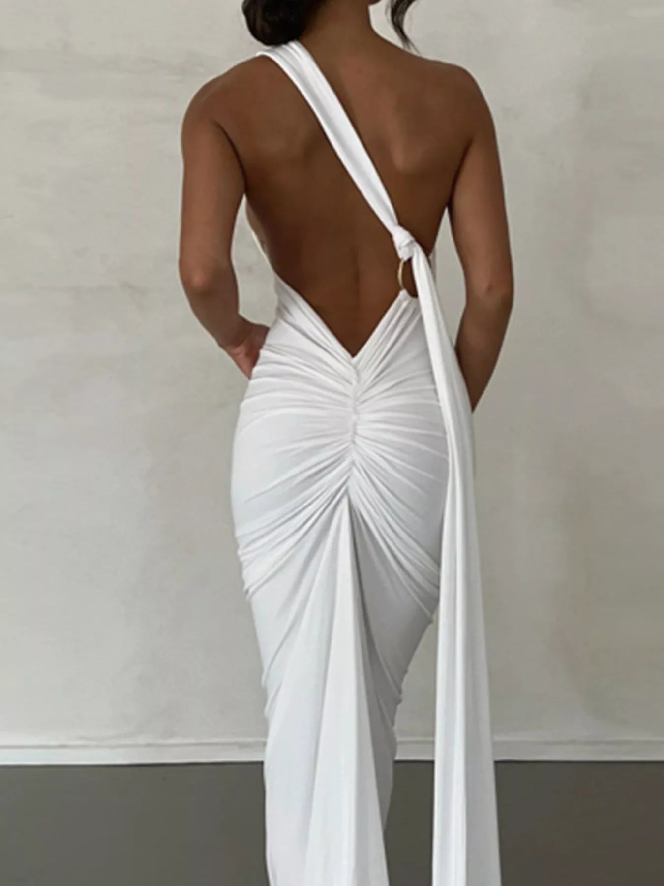 Backless One - Shoulder Ruched Bodycon Maxi Dress - Flip Flop Dynasty