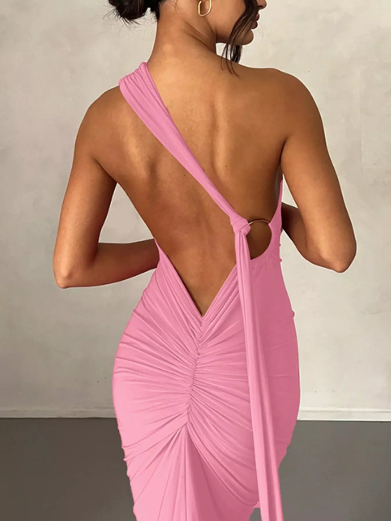 Backless One - Shoulder Ruched Bodycon Maxi Dress - Flip Flop Dynasty