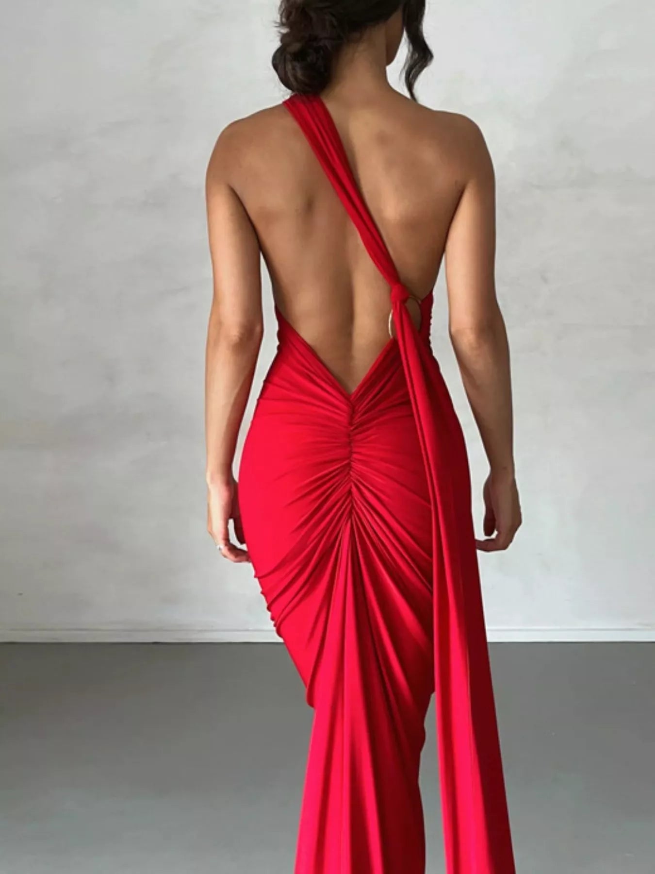 Backless One - Shoulder Ruched Bodycon Maxi Dress - Flip Flop Dynasty