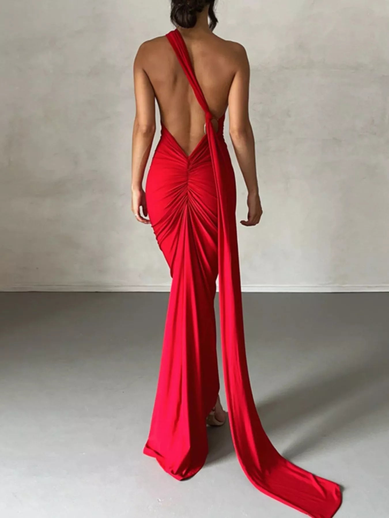 Backless One - Shoulder Ruched Bodycon Maxi Dress - Flip Flop Dynasty