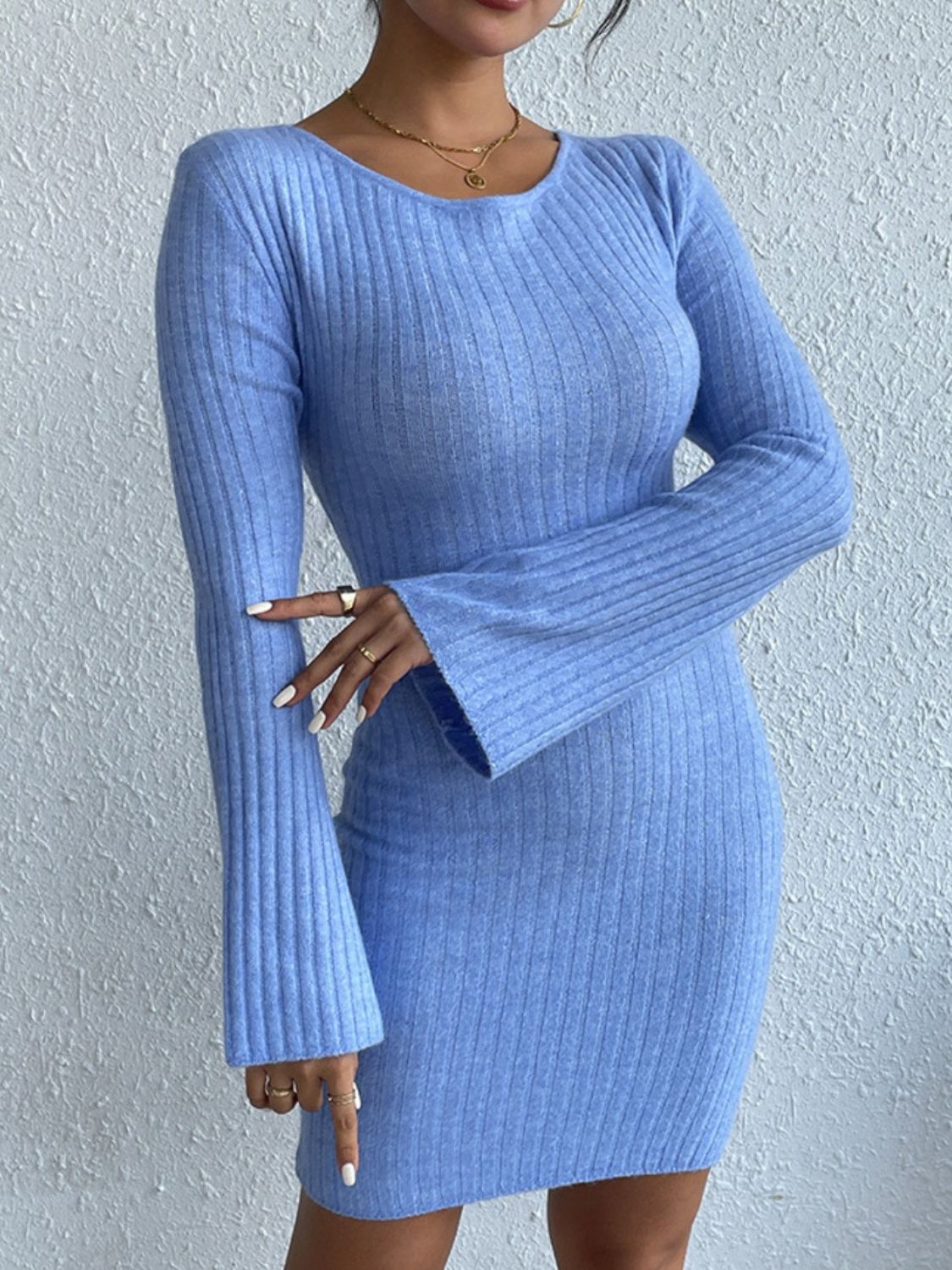 Backless Round Neck Long Sleeve Sweater Dress - Flip Flop Dynasty