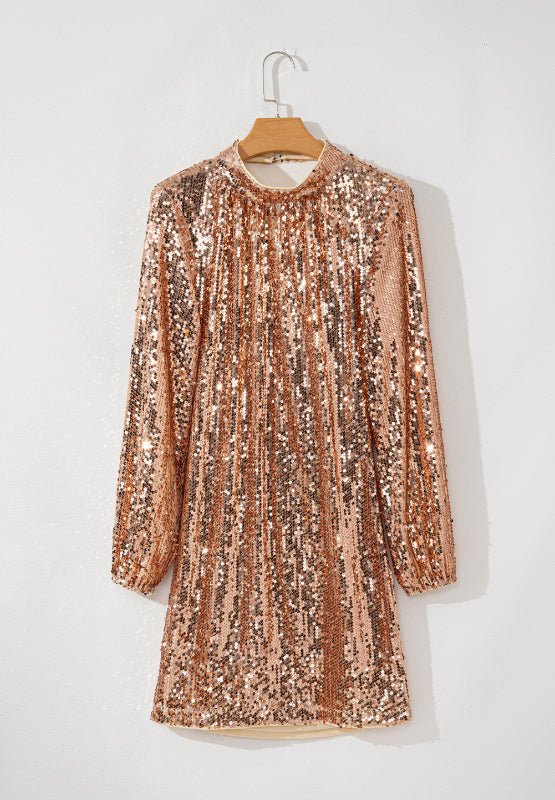 Backless Sequin Mock Neck Long Sleeve Mini Dress - Flip Flop Dynasty
