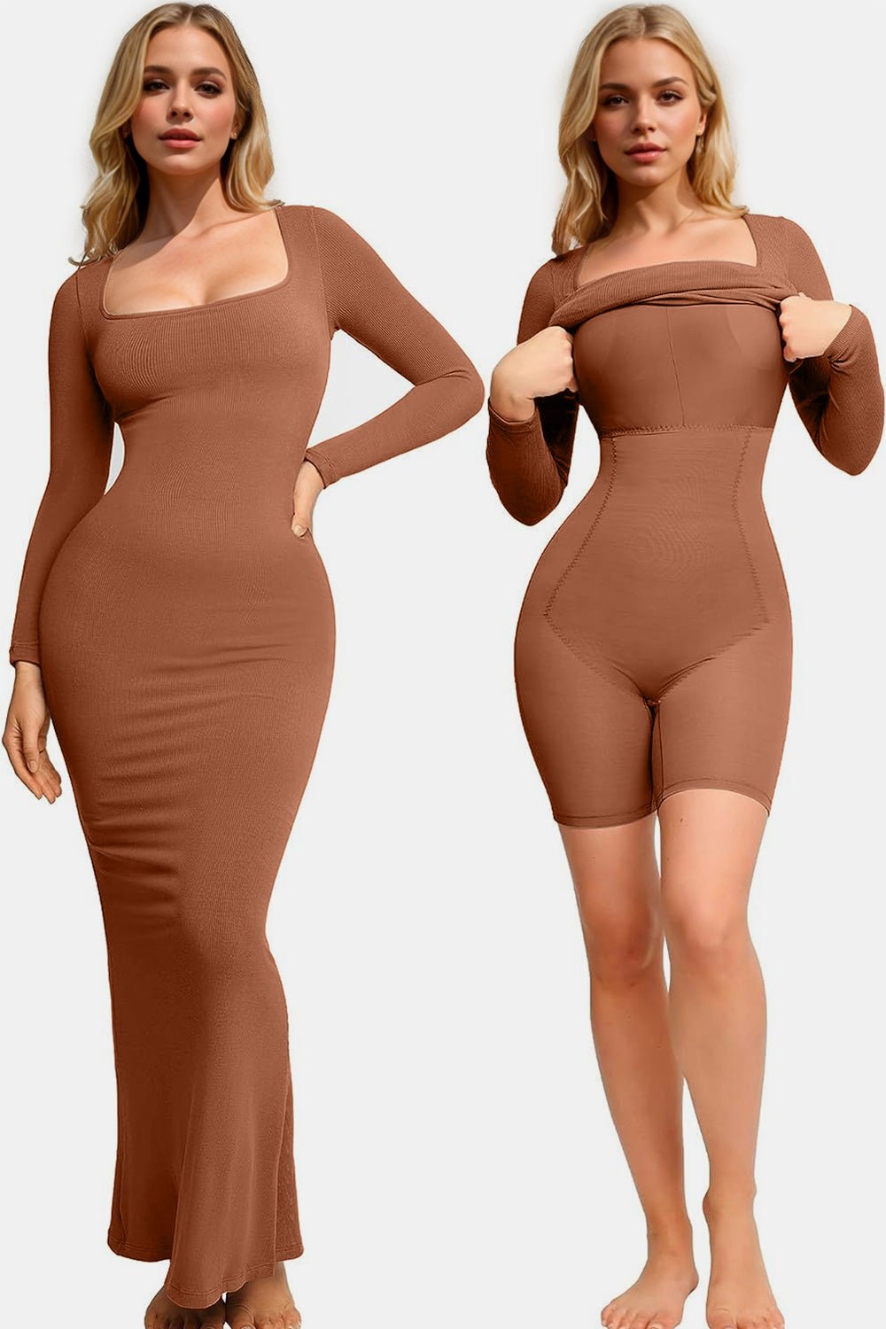 Basic Bae Built - In Shapewear Square Neck Long Sleeve Maxi Dress - Flip Flop Dynasty