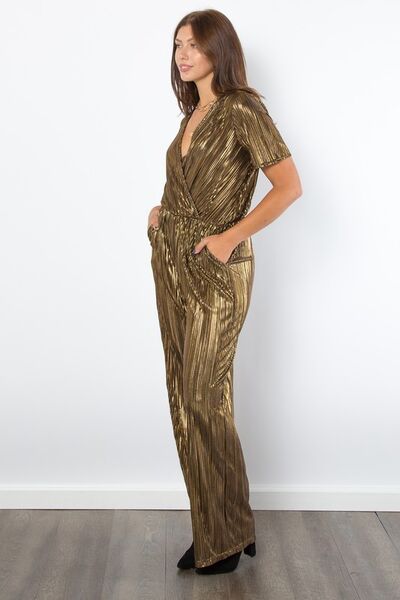 Be Stage Surplice Short Sleeve Pleated Foil Jumpsuit - Flip Flop Dynasty