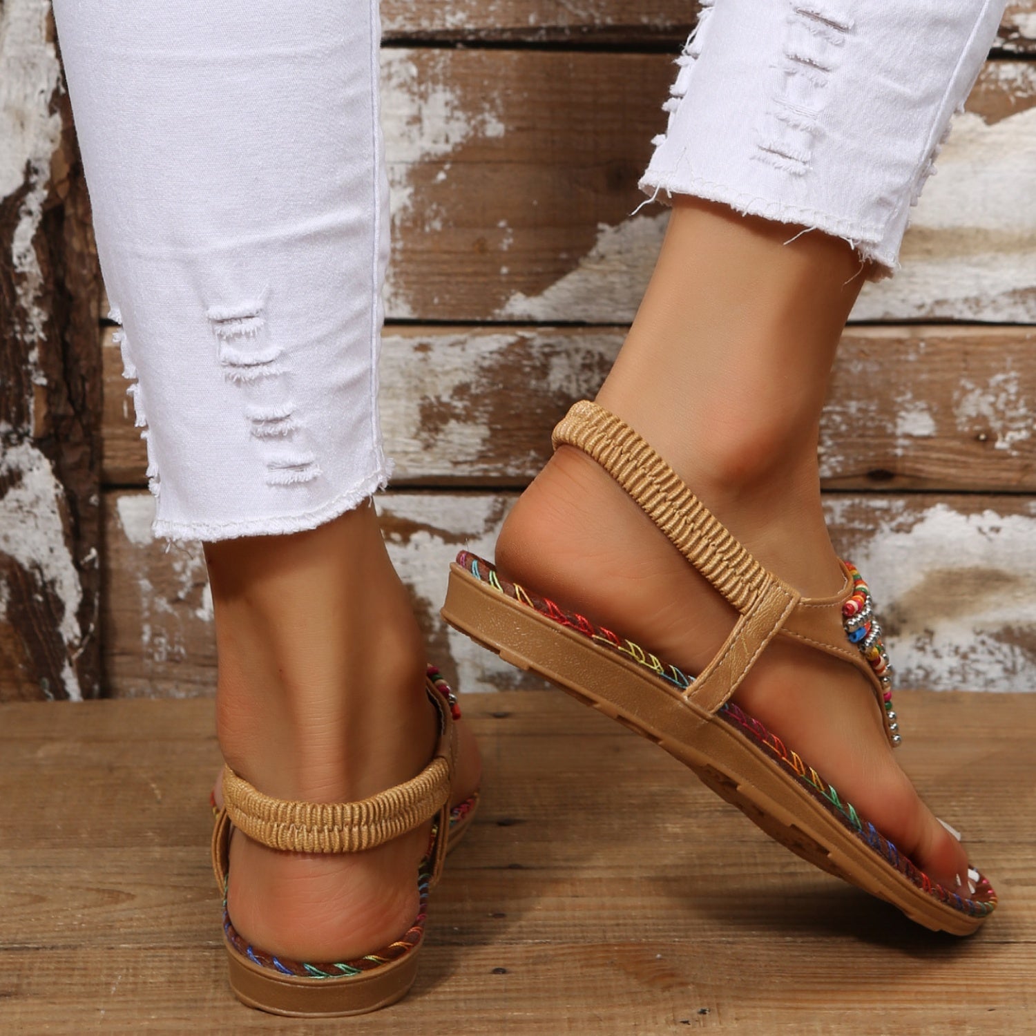 Beaded PU Leather Open Toe Sandals - Flip Flop Dynasty