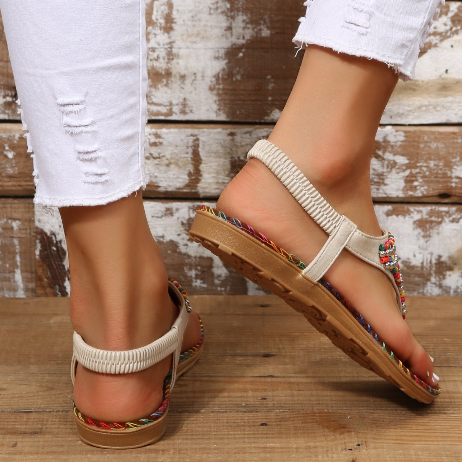 Beaded PU Leather Open Toe Sandals - Flip Flop Dynasty