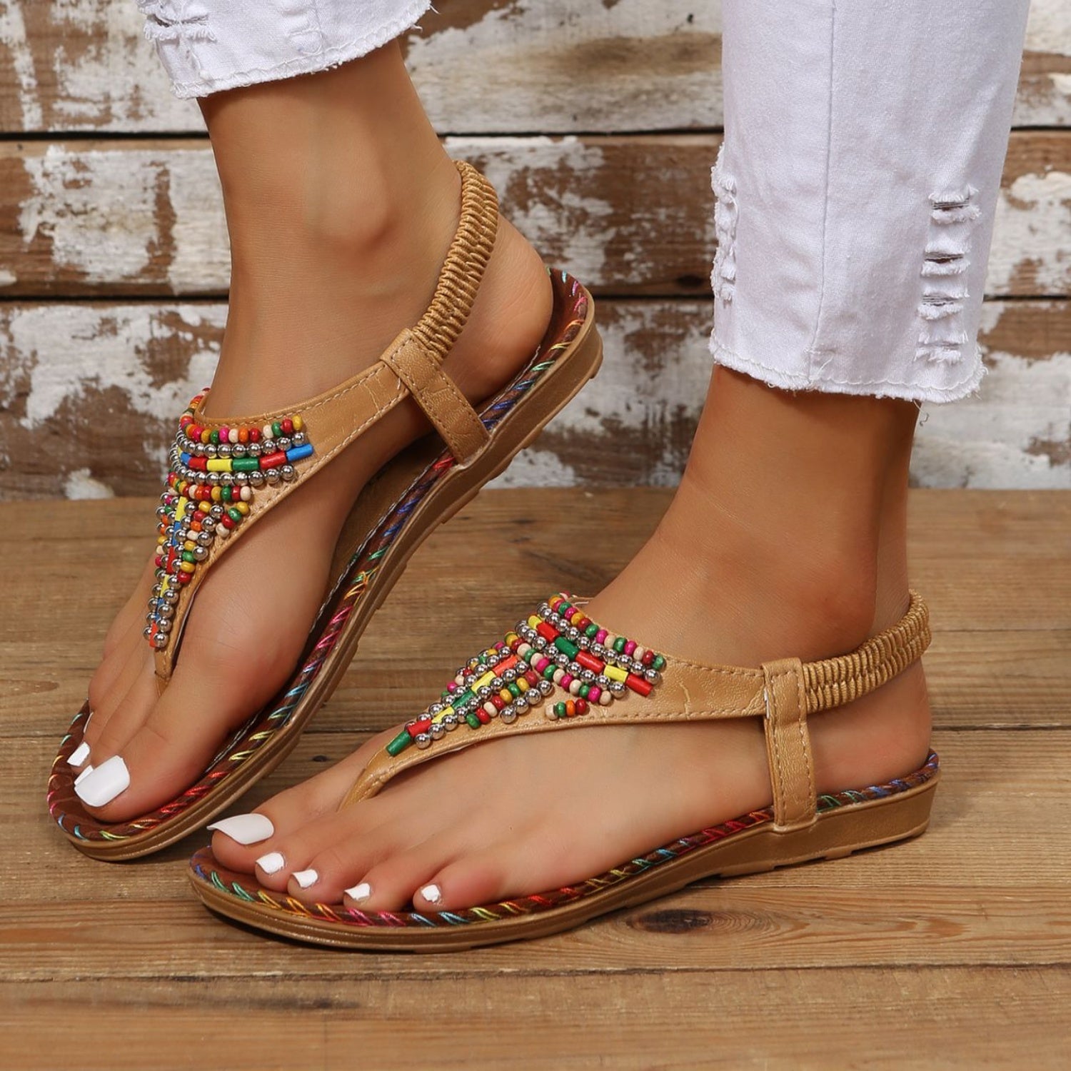 Beaded PU Leather Open Toe Sandals - Flip Flop Dynasty