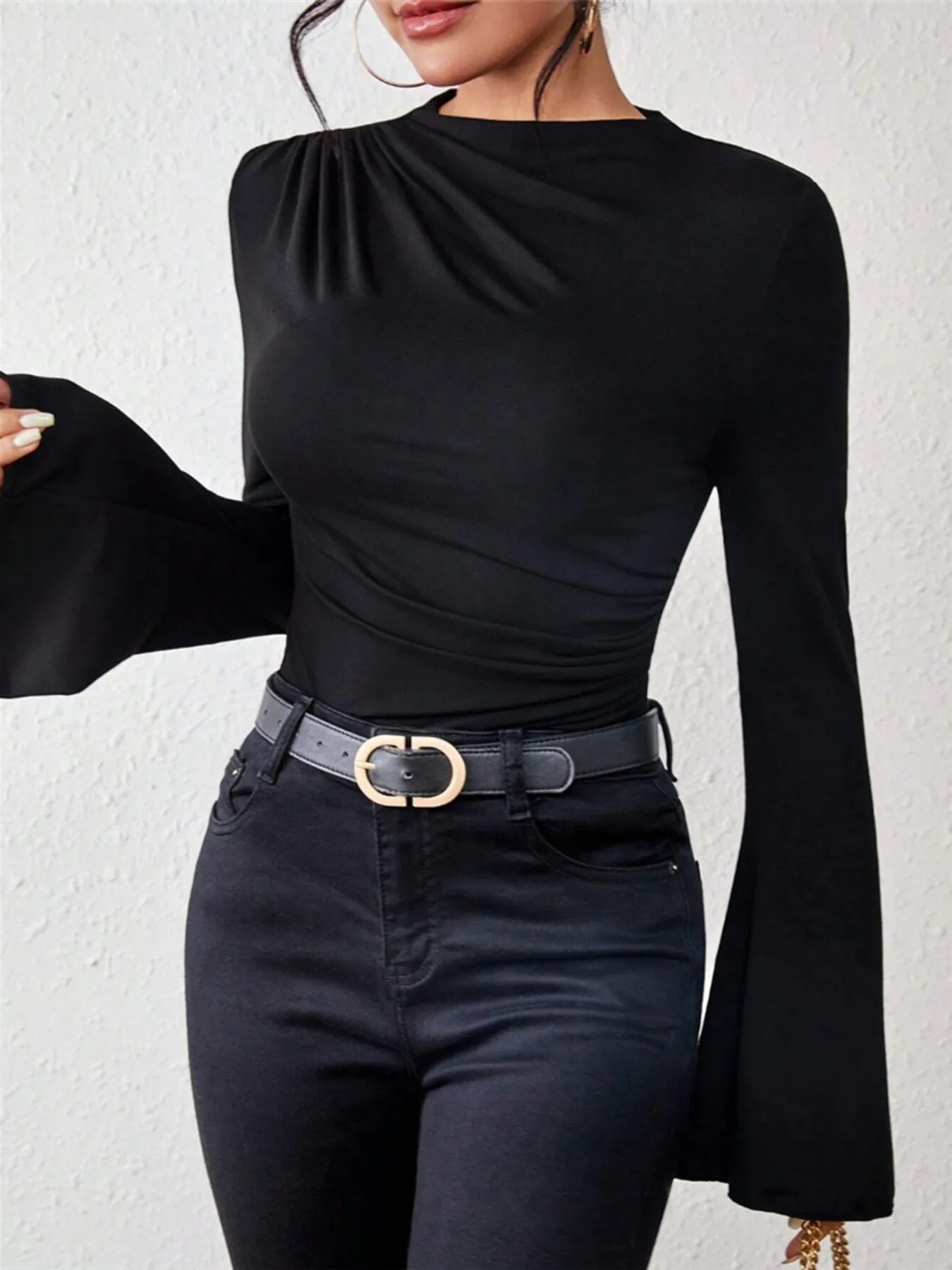 Bell Sleeve Ruched Fitted T-Shirt with Mock Neck - Flip Flop Dynasty