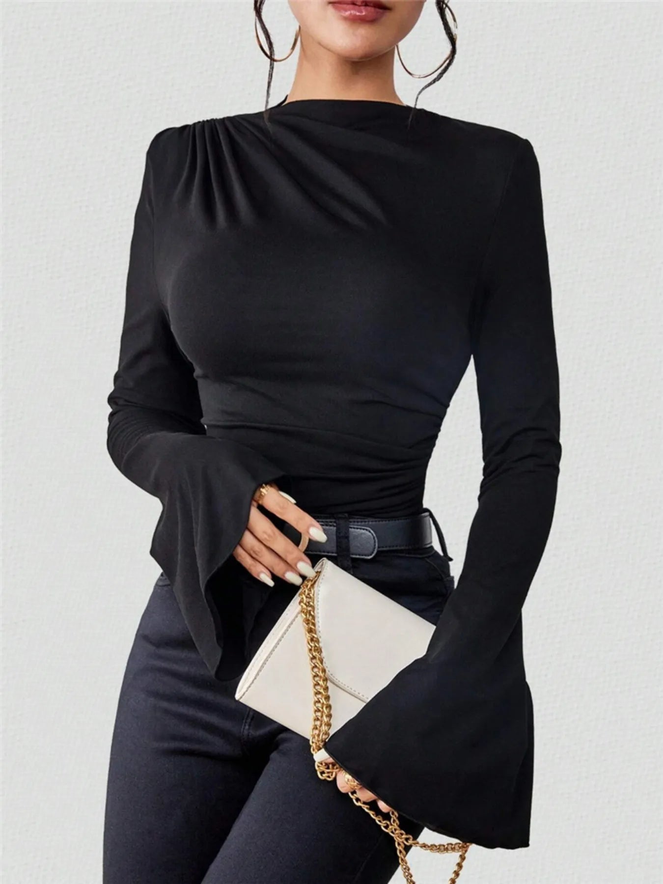 Bell Sleeve Ruched Fitted T-Shirt with Mock Neck - Flip Flop Dynasty