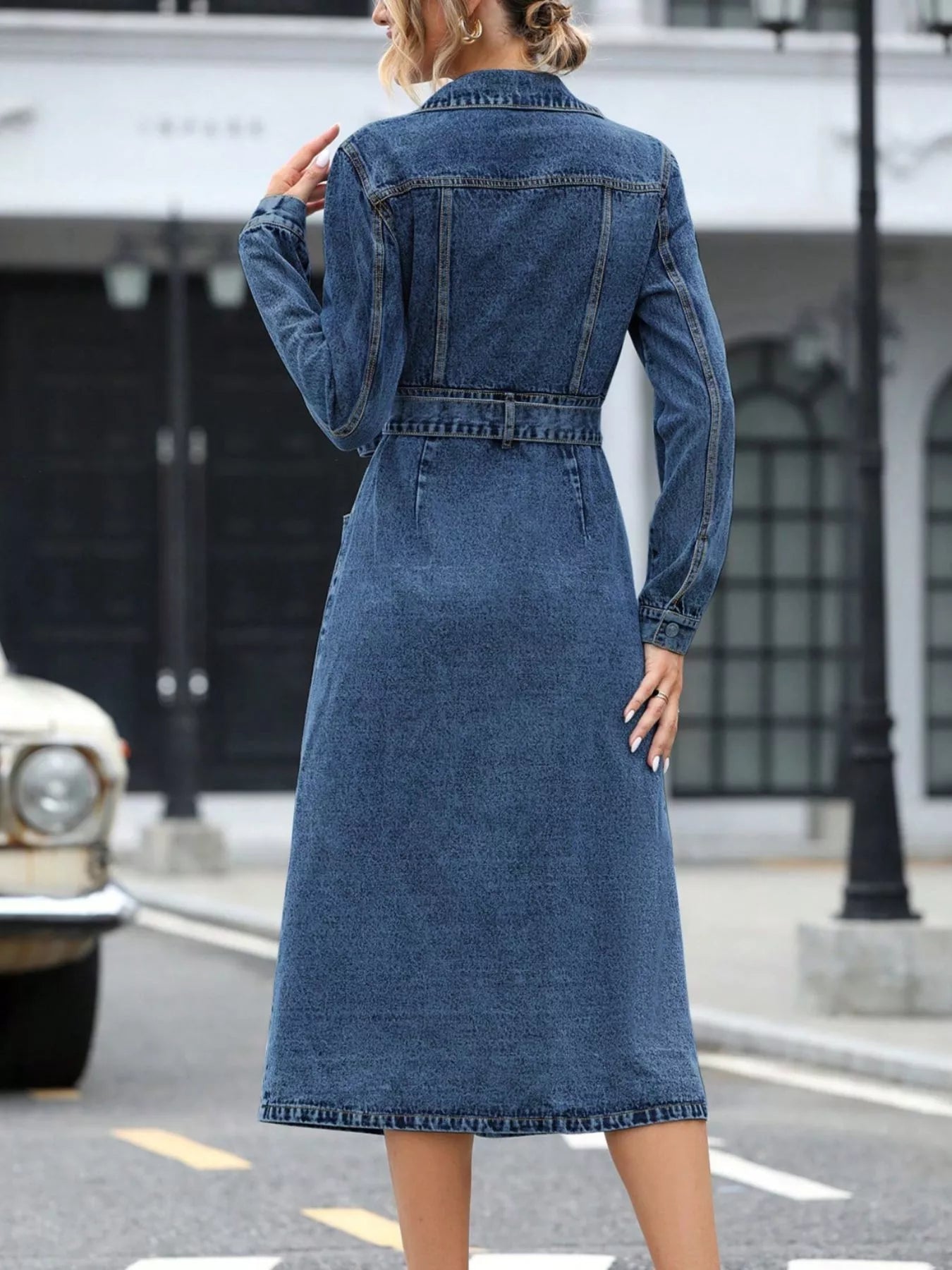 Belted Long Sleeve Denim Dress - Flip Flop Dynasty