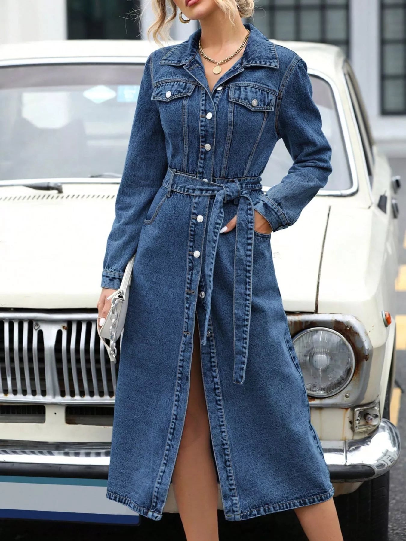 Belted Long Sleeve Denim Dress - Flip Flop Dynasty