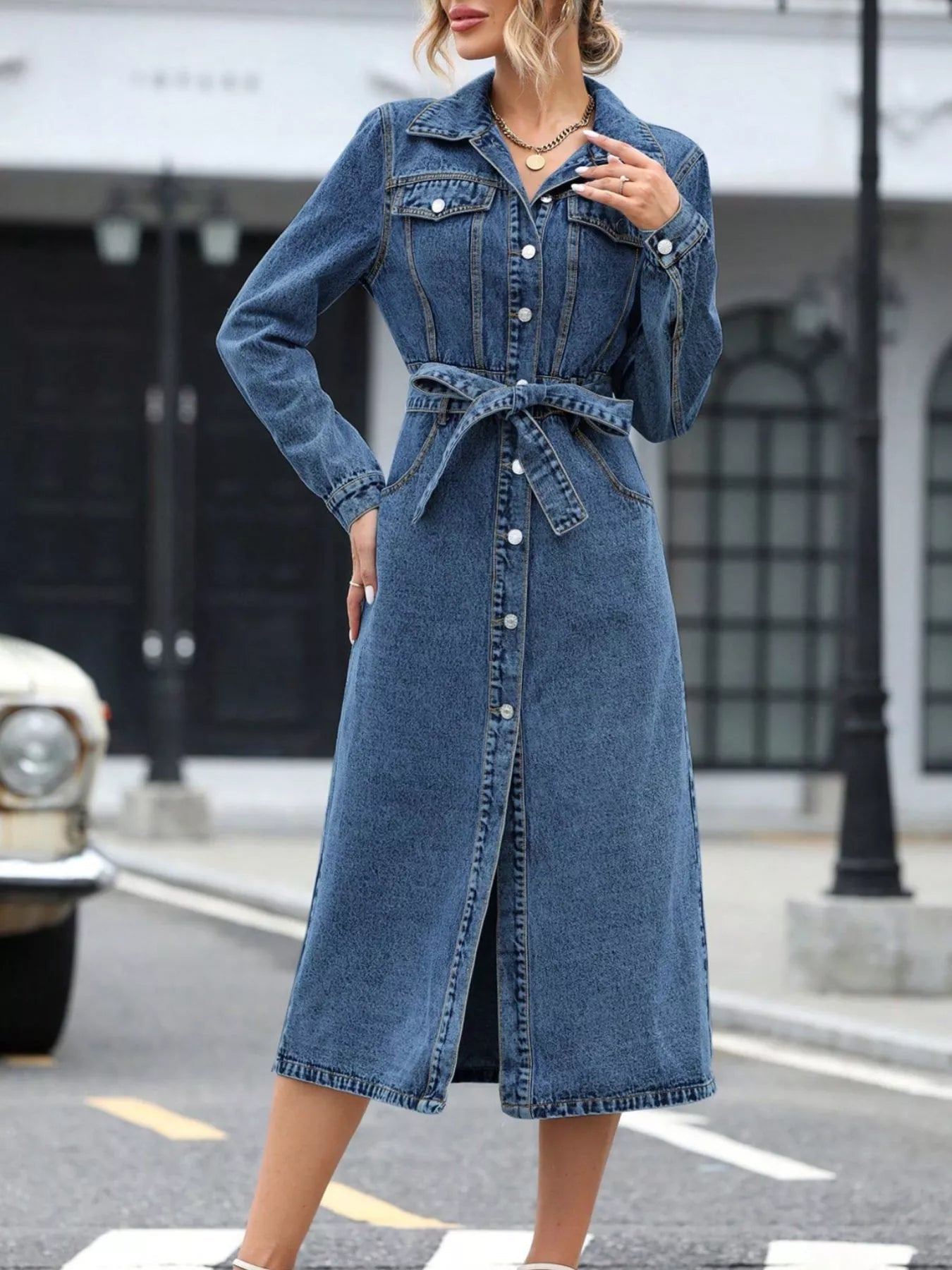 Belted Long Sleeve Denim Dress - Flip Flop Dynasty