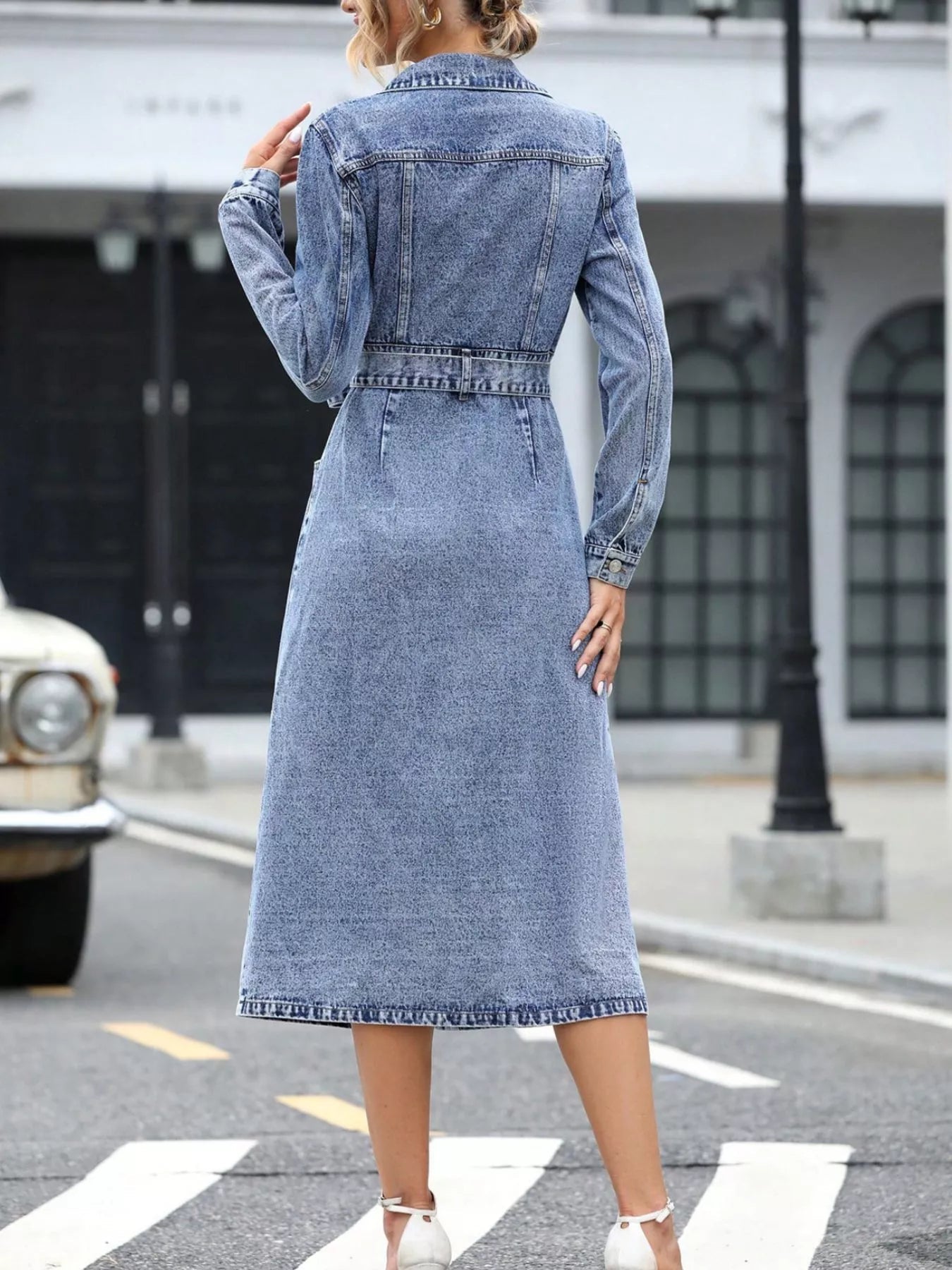 Belted Long Sleeve Denim Dress - Flip Flop Dynasty