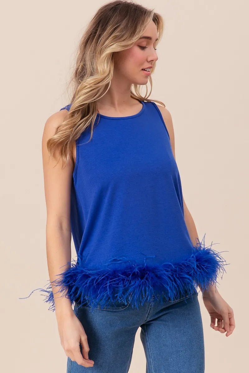 BiBi French Terry Faux Feather Bottom Back Tied Top - Flip Flop Dynasty