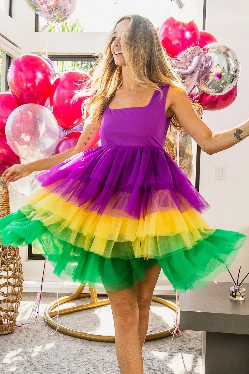 BiBi Mardi Gras Color Block Layered Mesh Tiered Dress - Flip Flop Dynasty