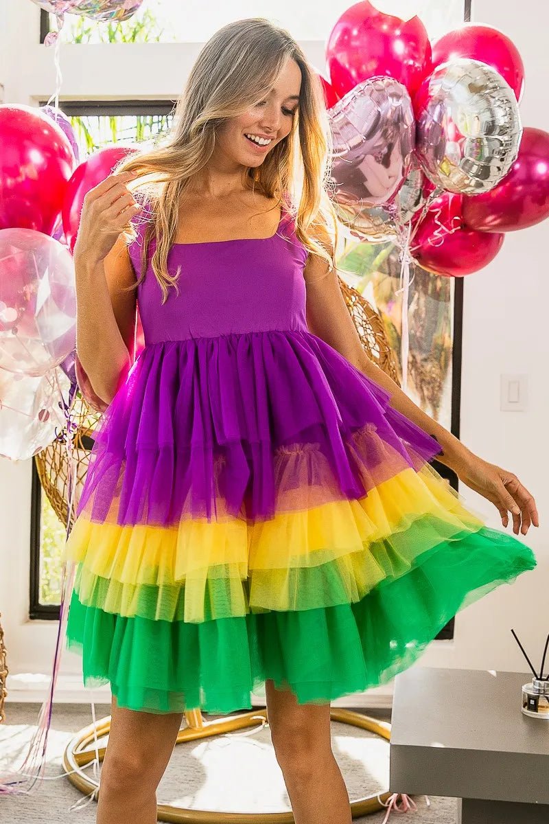 BiBi Mardi Gras Color Block Layered Mesh Tiered Dress - Flip Flop Dynasty