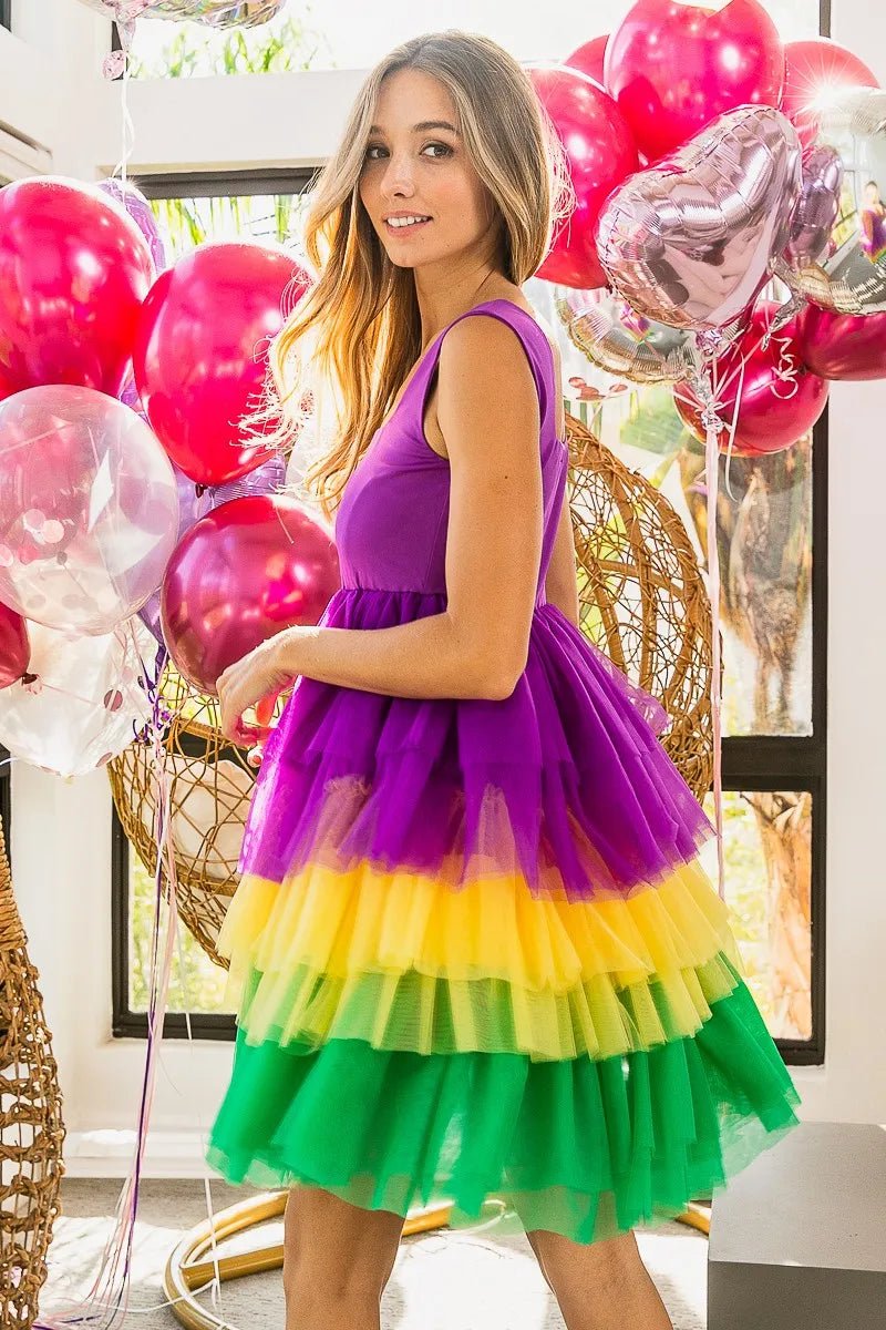 BiBi Mardi Gras Color Block Layered Mesh Tiered Dress - Flip Flop Dynasty