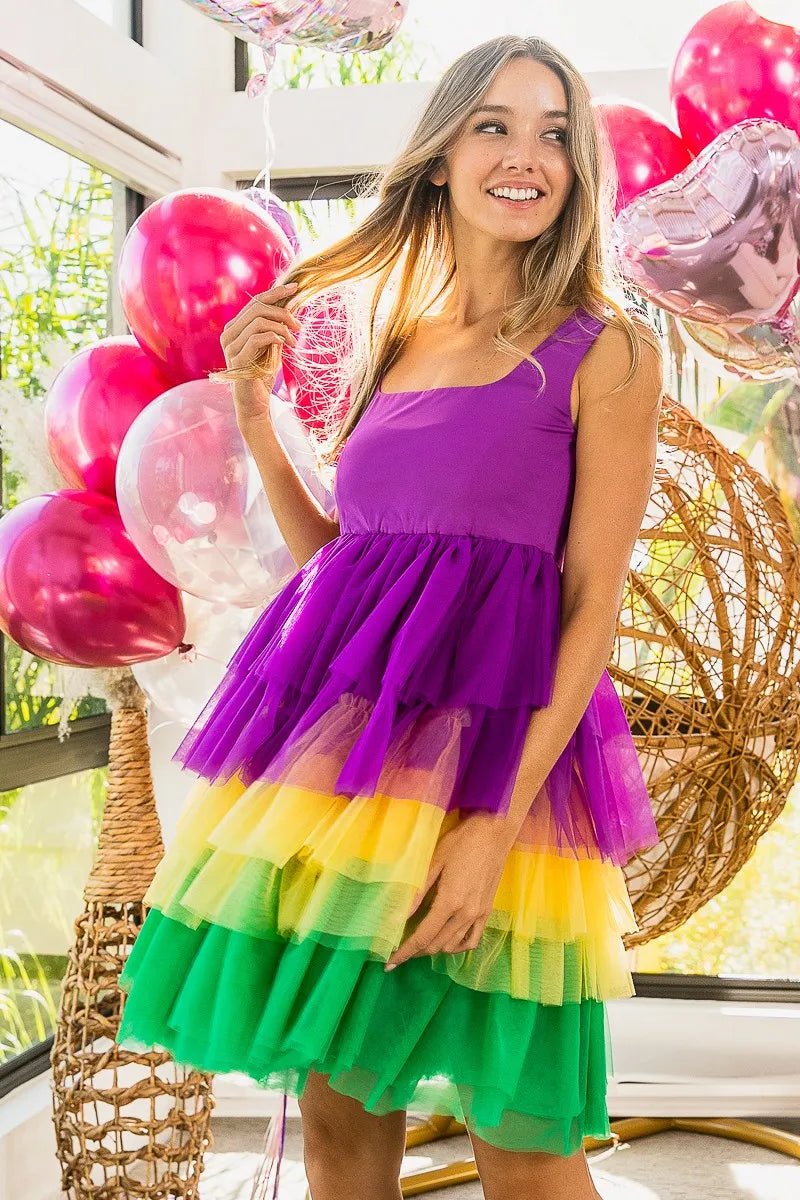 BiBi Mardi Gras Color Block Layered Mesh Tiered Dress - Flip Flop Dynasty