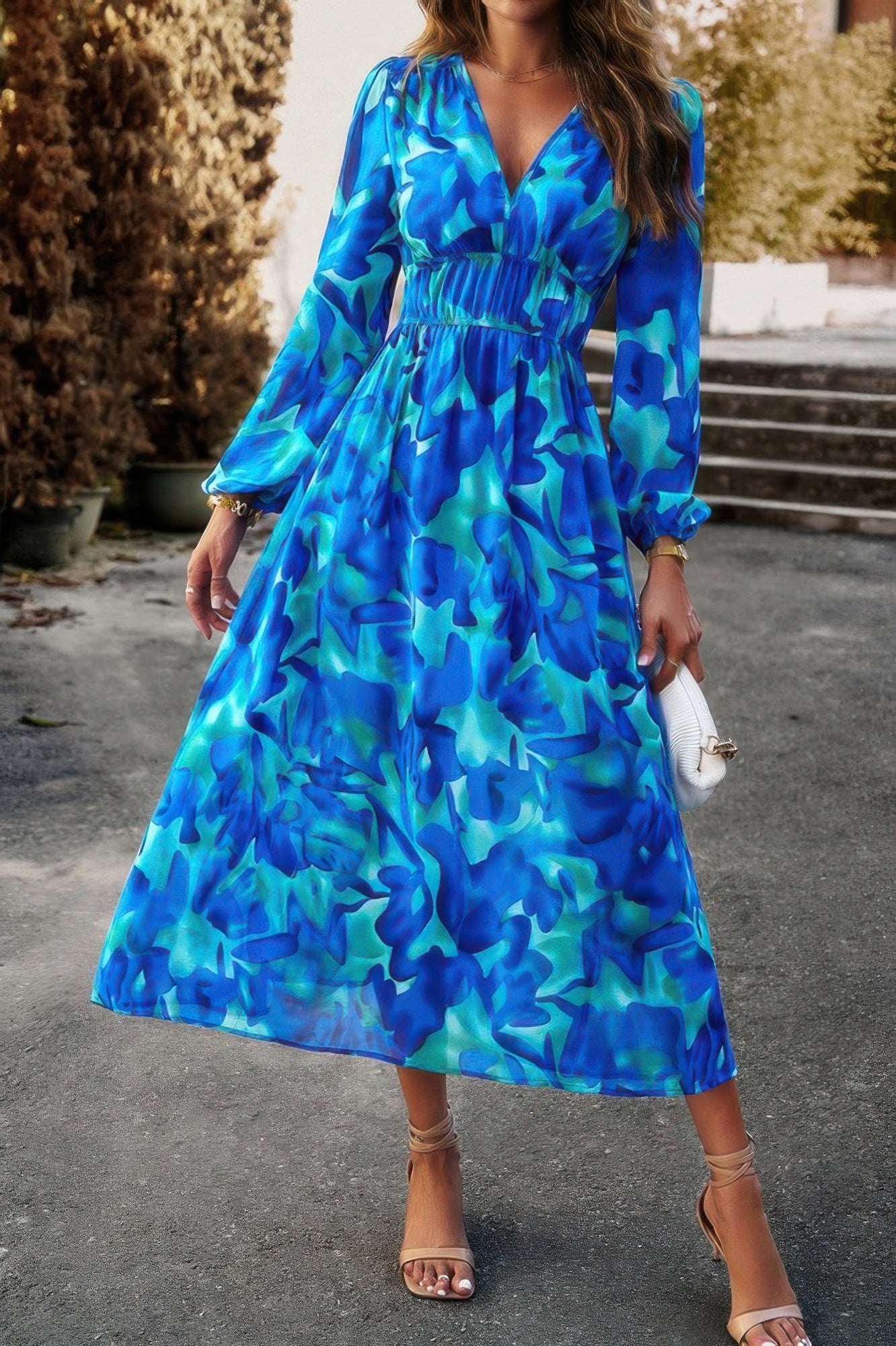 Boho V Neck A Line High Waist Long Sleeve Dress - Flip Flop Dynasty