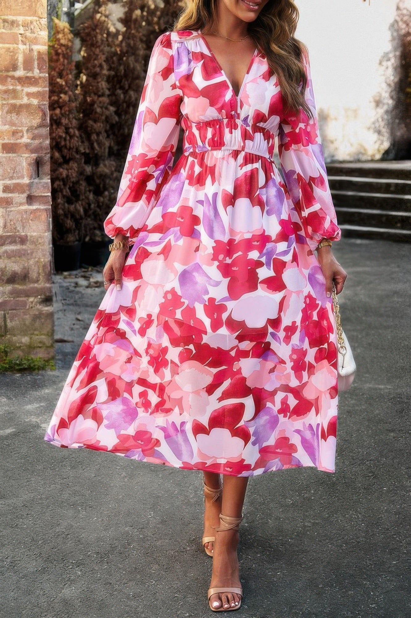 Boho V Neck A Line High Waist Long Sleeve Dress - Flip Flop Dynasty