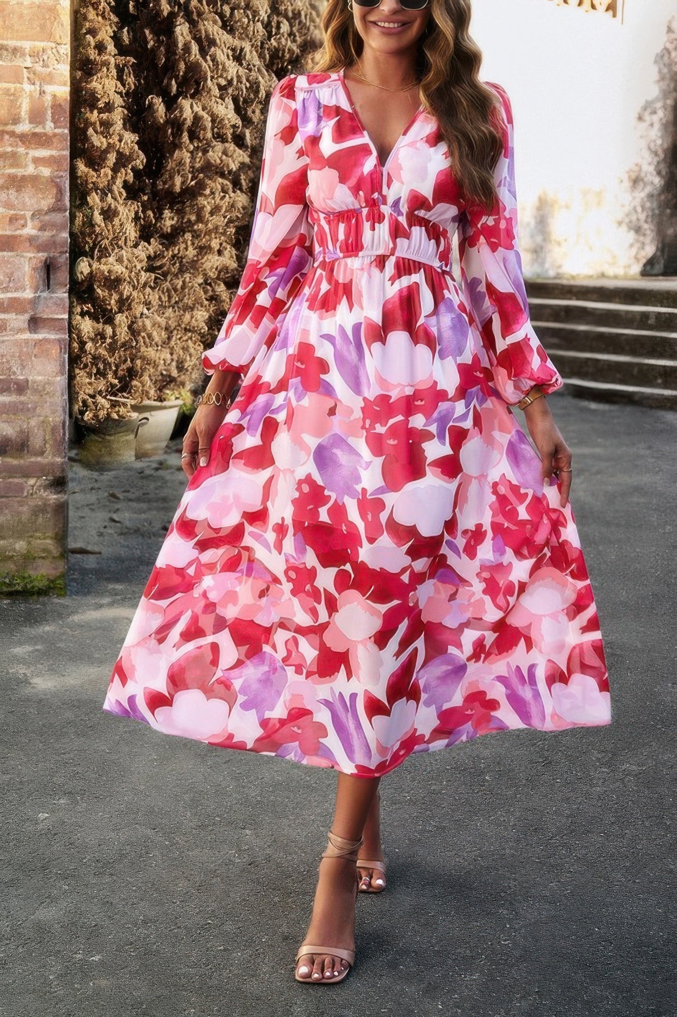 Boho V Neck A Line High Waist Long Sleeve Dress - Flip Flop Dynasty